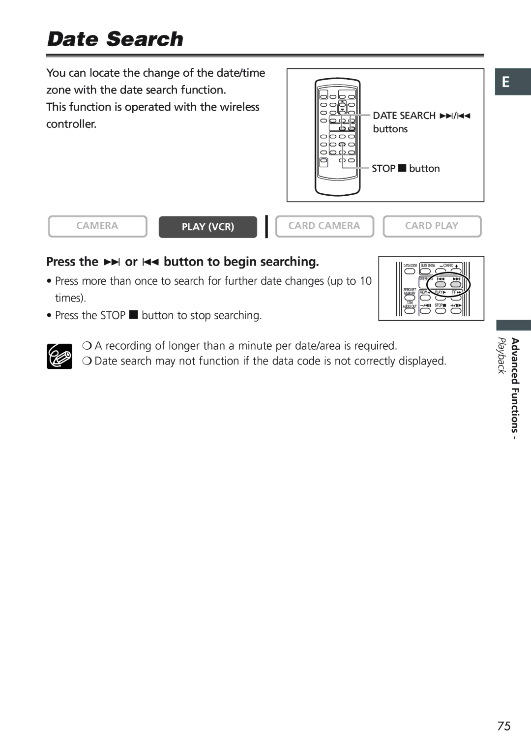 Canon MVX20i, MVX25i instruction manual Date Search, Press the + or button to begin searching 