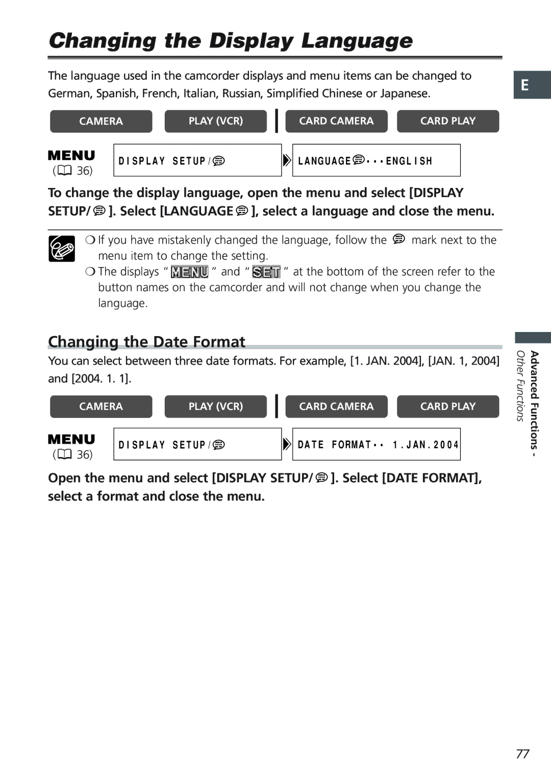 Canon MVX20i, MVX25i instruction manual Changing the Display Language, Changing the Date Format 