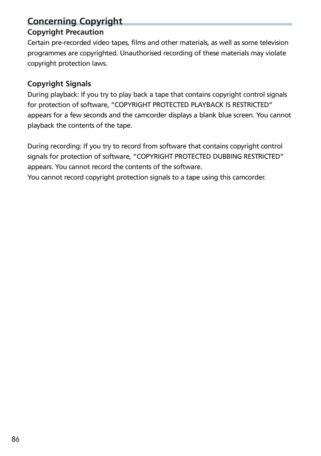 Canon MVX25i, MVX20i instruction manual Concerning Copyright, Copyright Precaution, Copyright Signals 