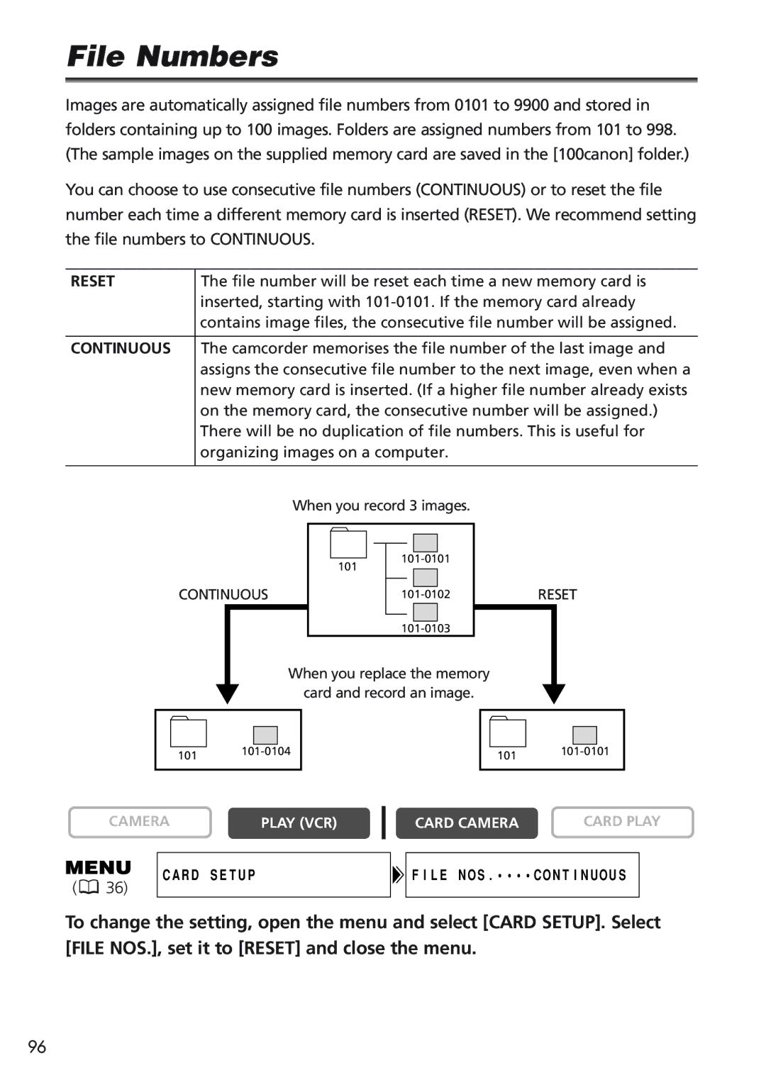 Canon MVX25i, MVX20i instruction manual File Numbers, Reset 