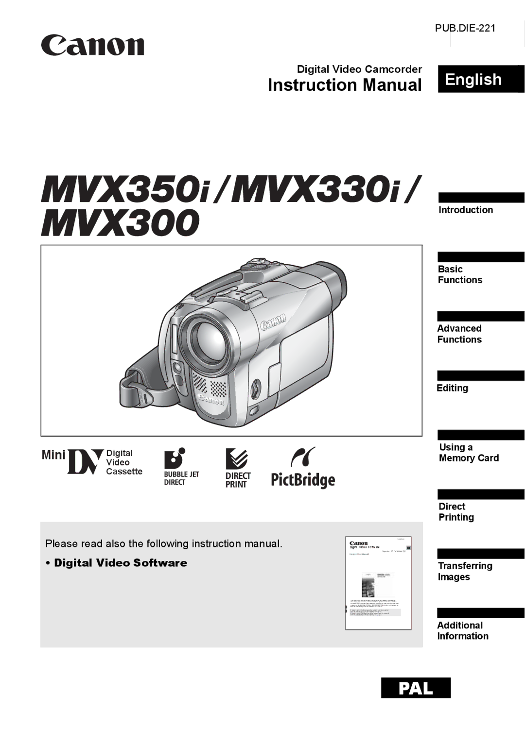 Canon MVX350i, MVX300, MVX330i instruction manual Digital Video Camcorder, Digital Video Software 