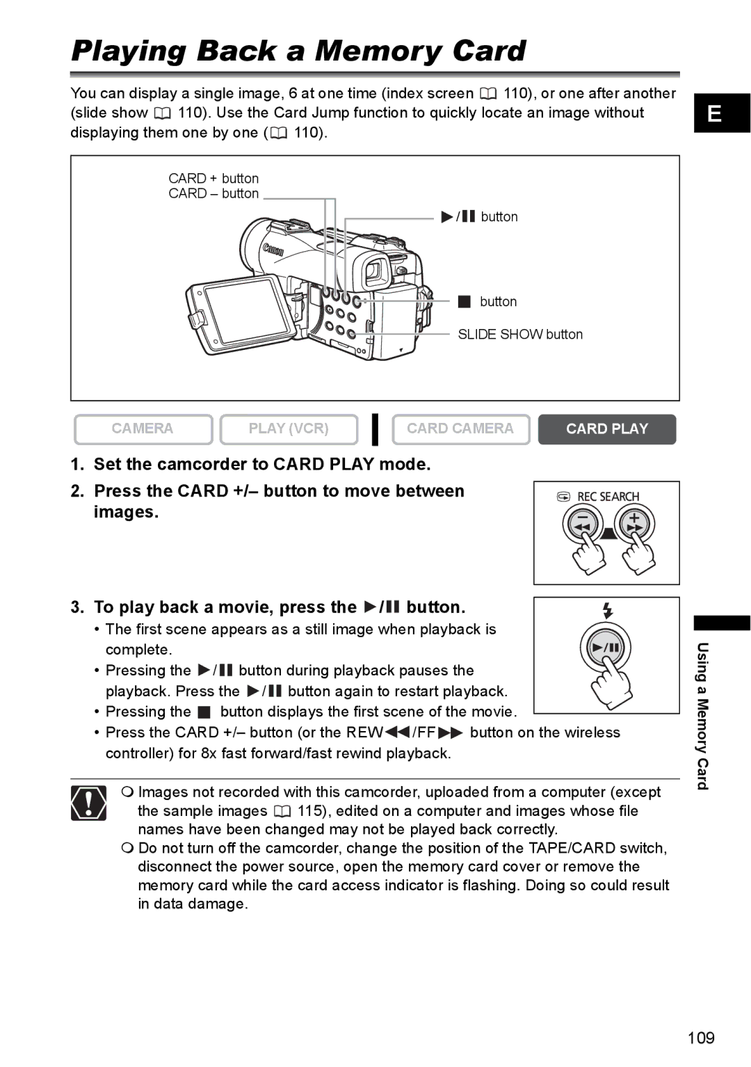 Canon MVX350i, MVX300, MVX330i instruction manual Playing Back a Memory Card 