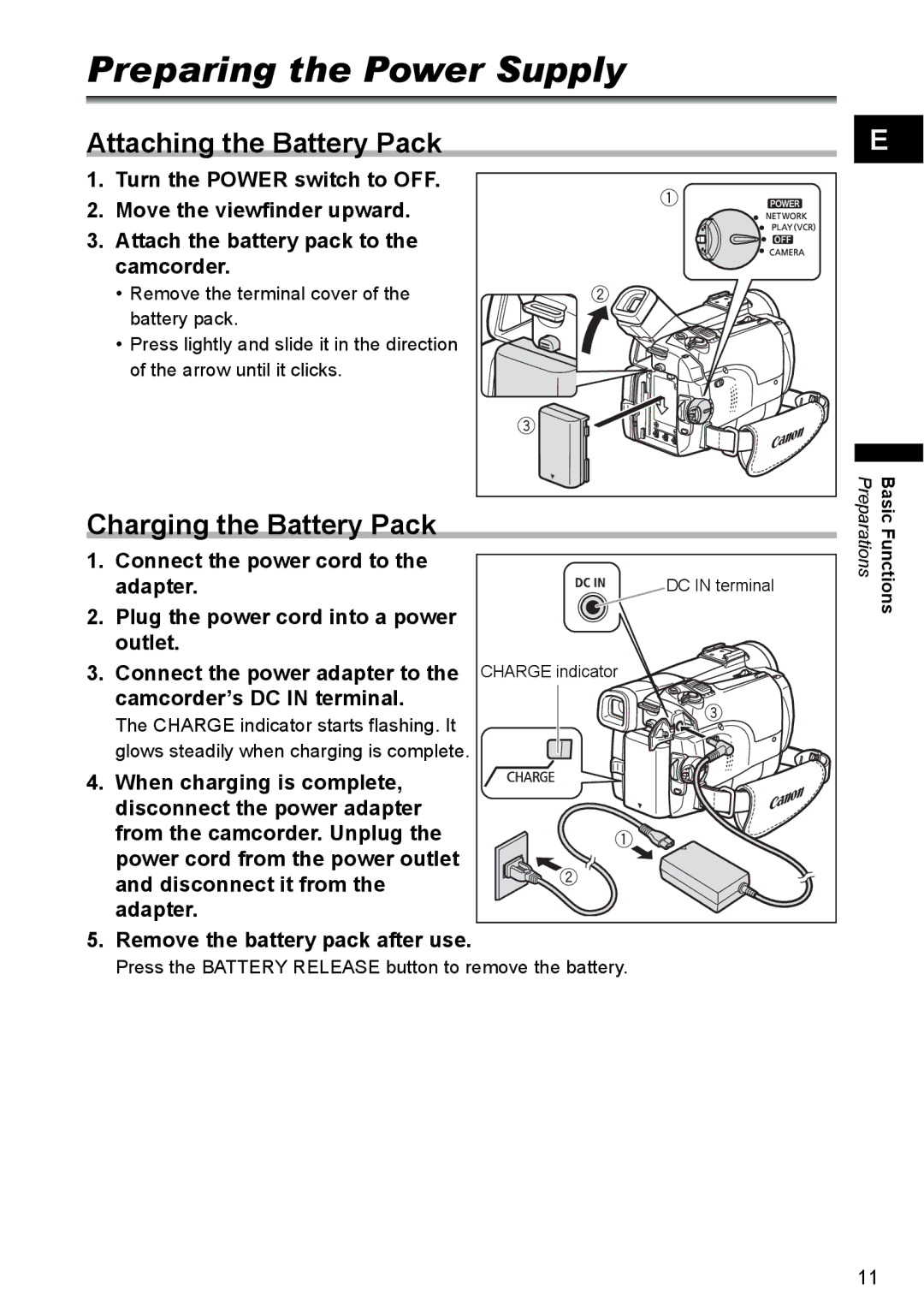 Canon MVX330i, MVX300, MVX350i Preparing the Power Supply, Attaching the Battery Pack, Charging the Battery Pack 