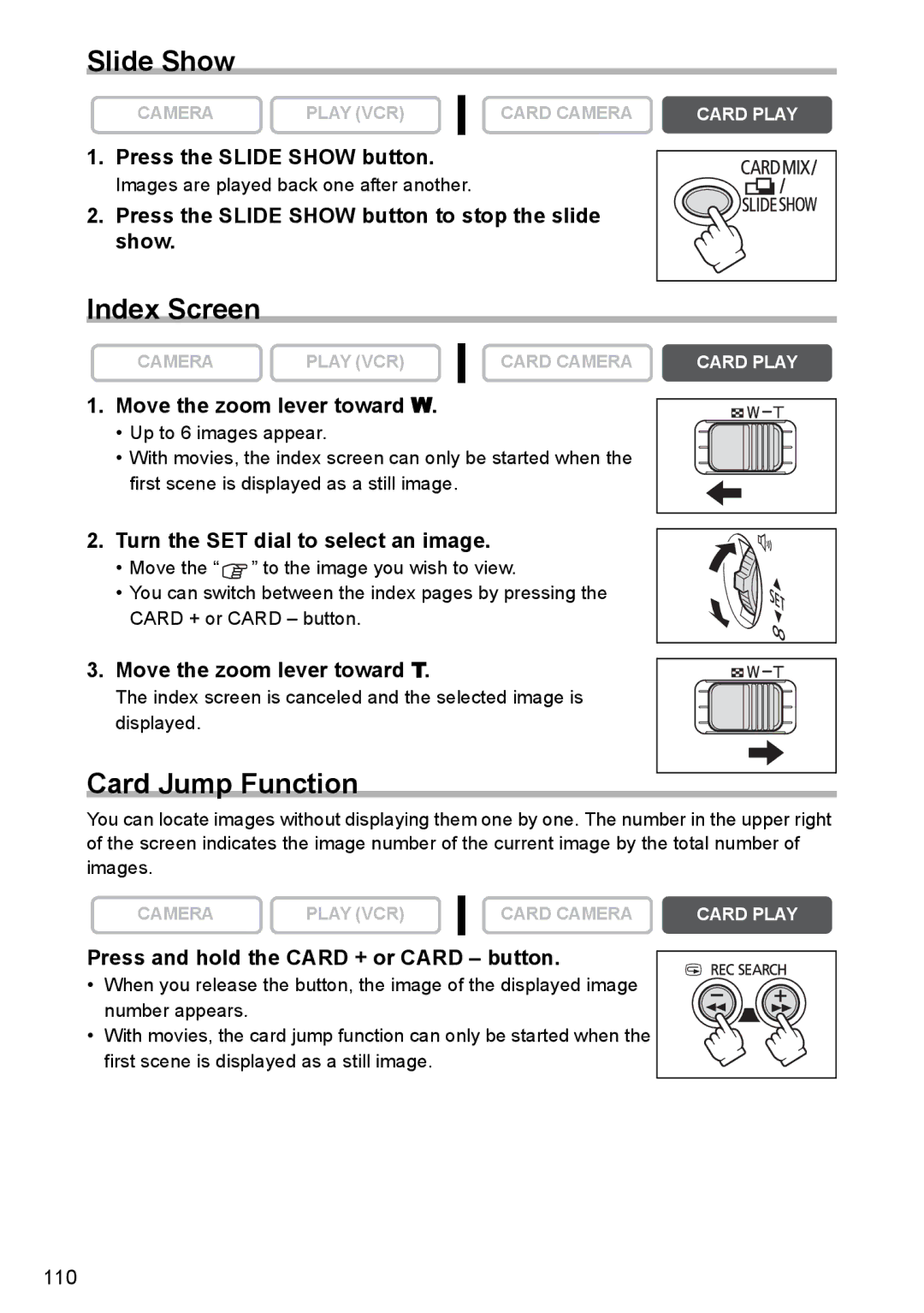 Canon MVX330i, MVX300, MVX350i instruction manual Slide Show, Index Screen, Card Jump Function 