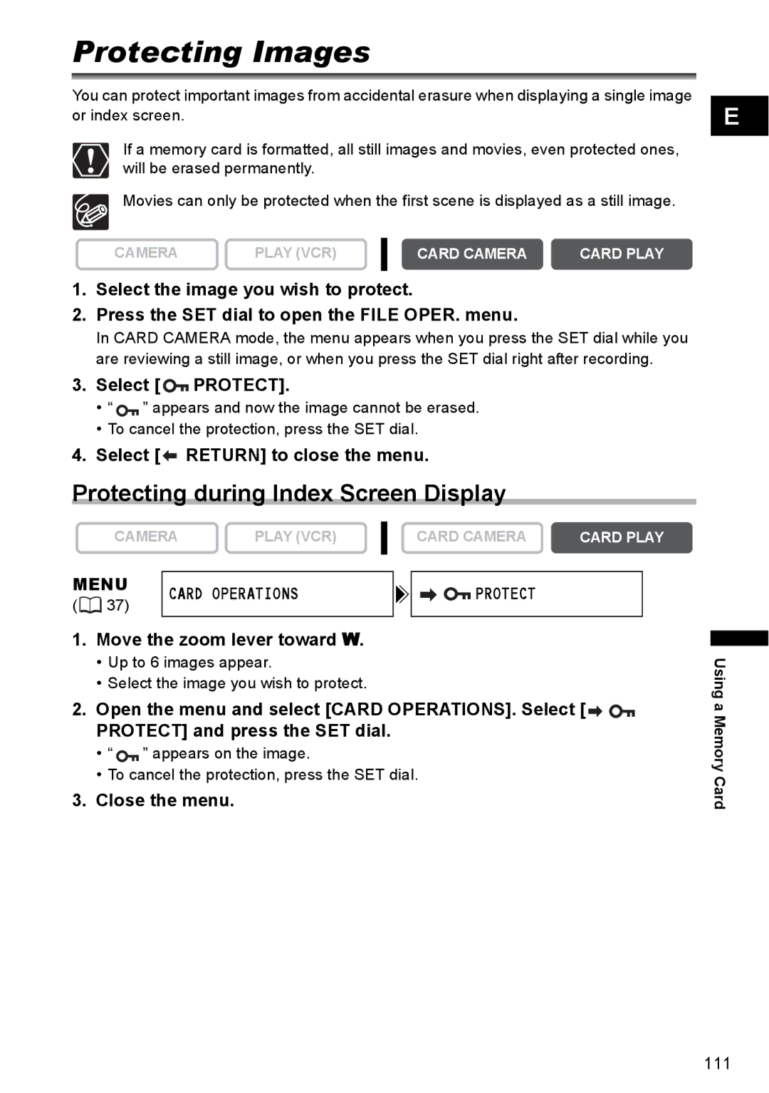 Canon MVX300 Protecting Images, Protecting during Index Screen Display, Select Protect, Select Return to close the menu 