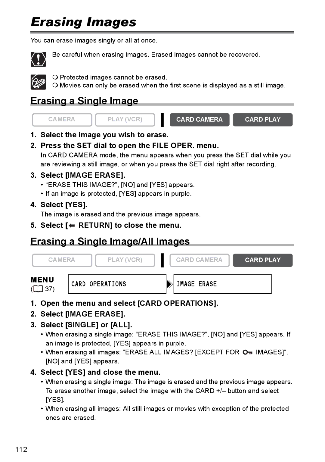 Canon MVX350i, MVX300, MVX330i Erasing Images, Erasing a Single Image/All Images, Menu Card Operations Image Erase 