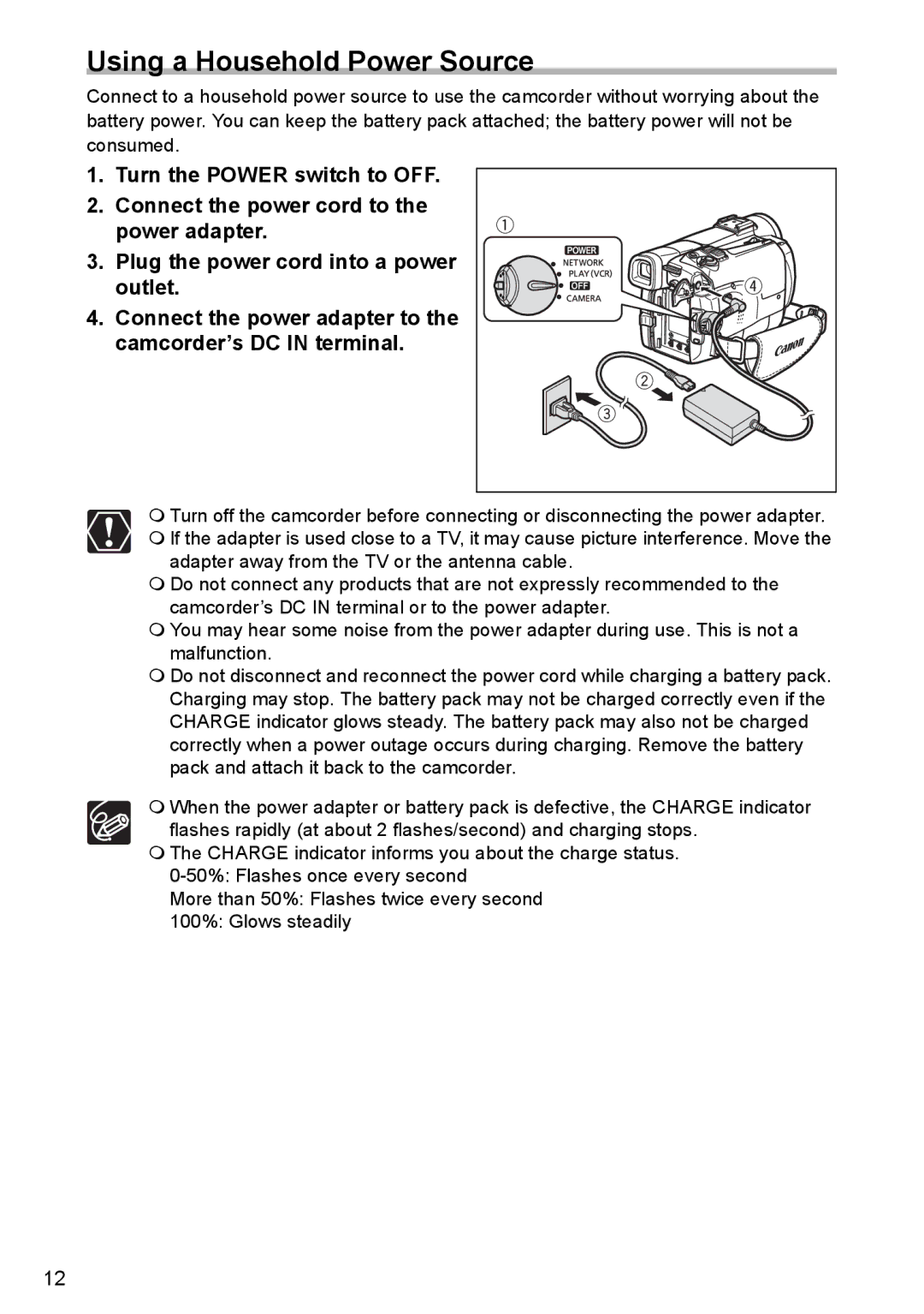 Canon MVX300, MVX350i, MVX330i instruction manual Using a Household Power Source 