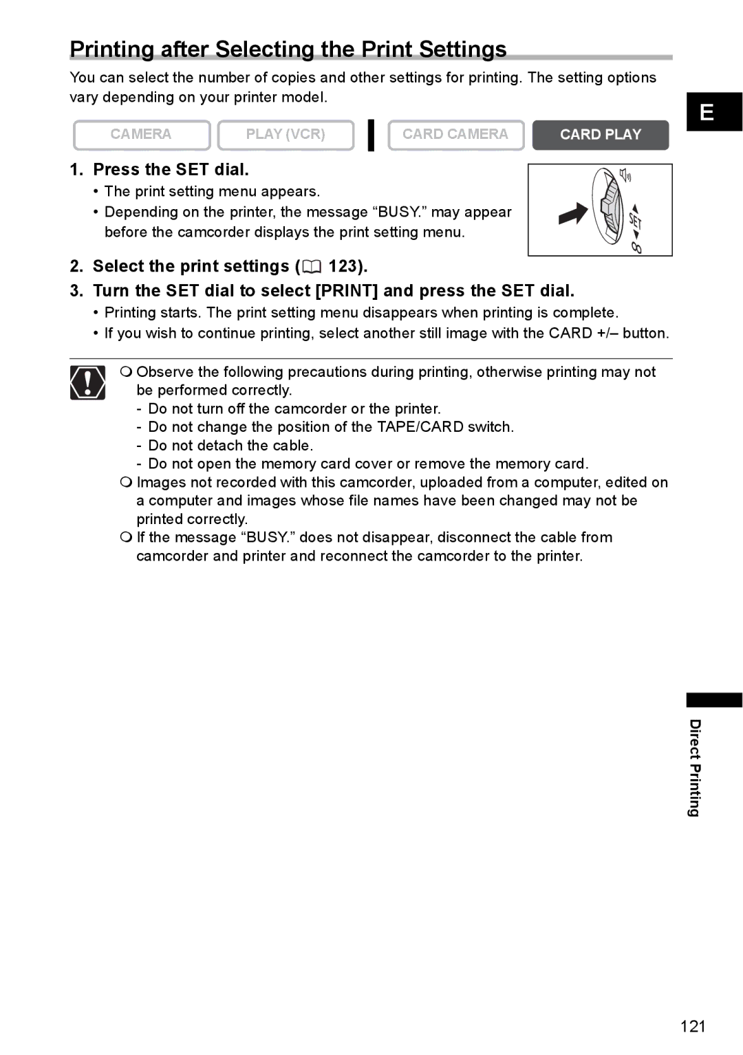 Canon MVX350i, MVX300, MVX330i instruction manual Printing after Selecting the Print Settings, Print setting menu appears 