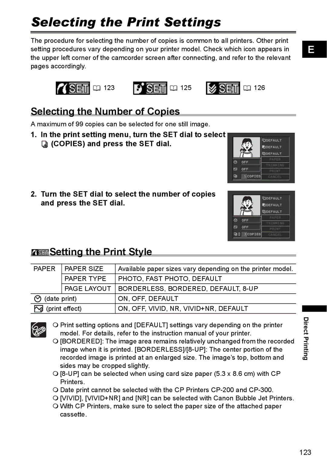 Canon MVX300, MVX350i, MVX330i Selecting the Print Settings, Selecting the Number of Copies, Setting the Print Style 