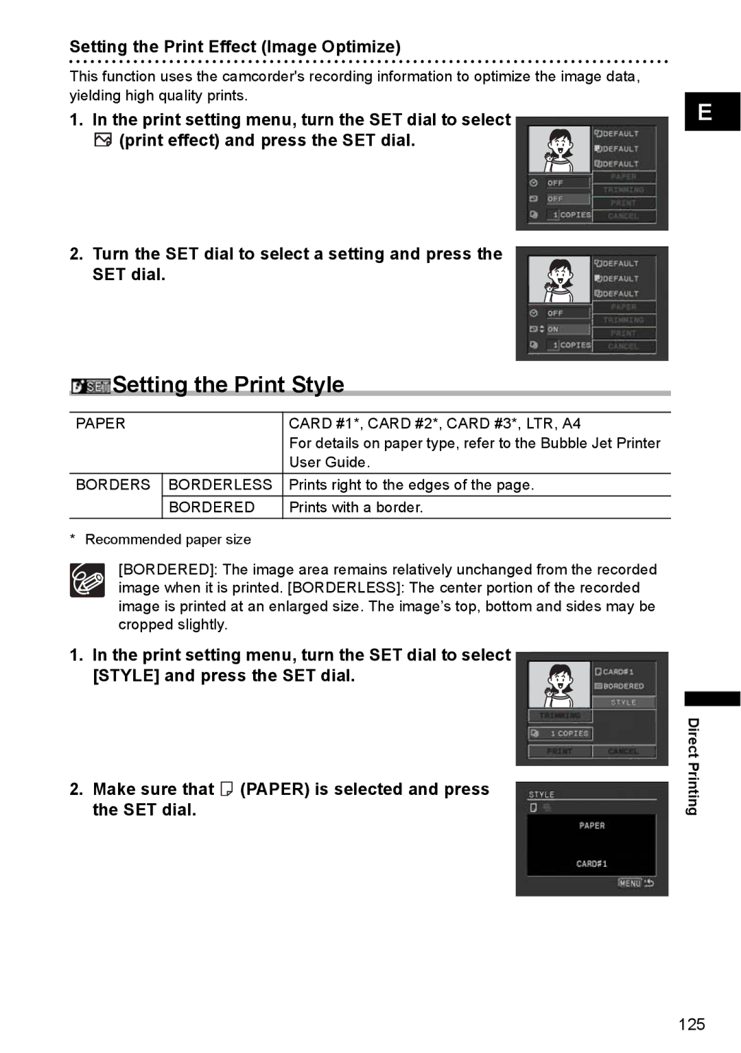 Canon MVX330i, MVX300, MVX350i Setting the Print Effect Image Optimize, Card #1*, Card #2*, Card #3*, LTR, A4, User Guide 