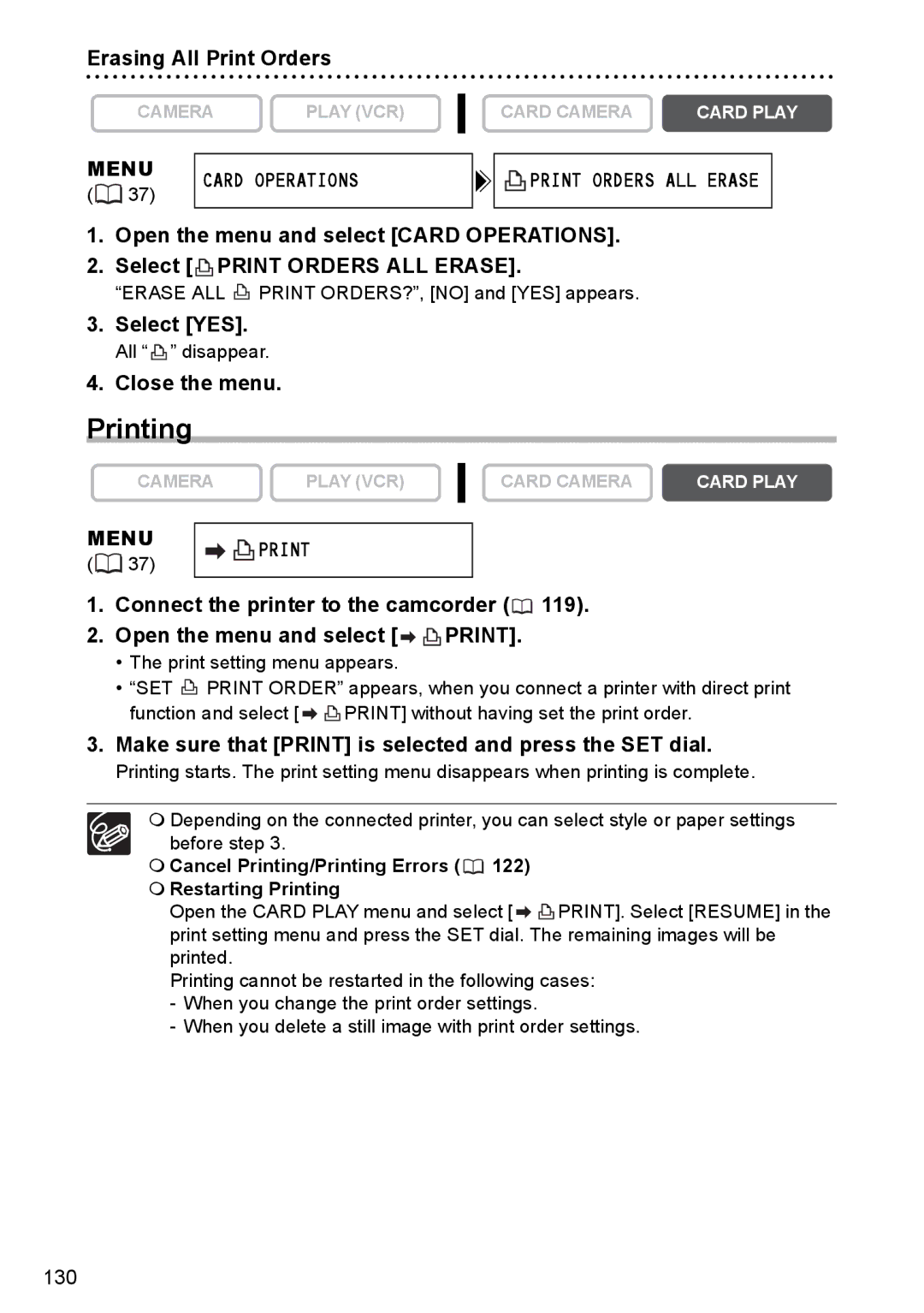 Canon MVX350i, MVX300, MVX330i Printing, Erasing All Print Orders, Menu Card Operations Print Orders ALL Erase, Menu Print 