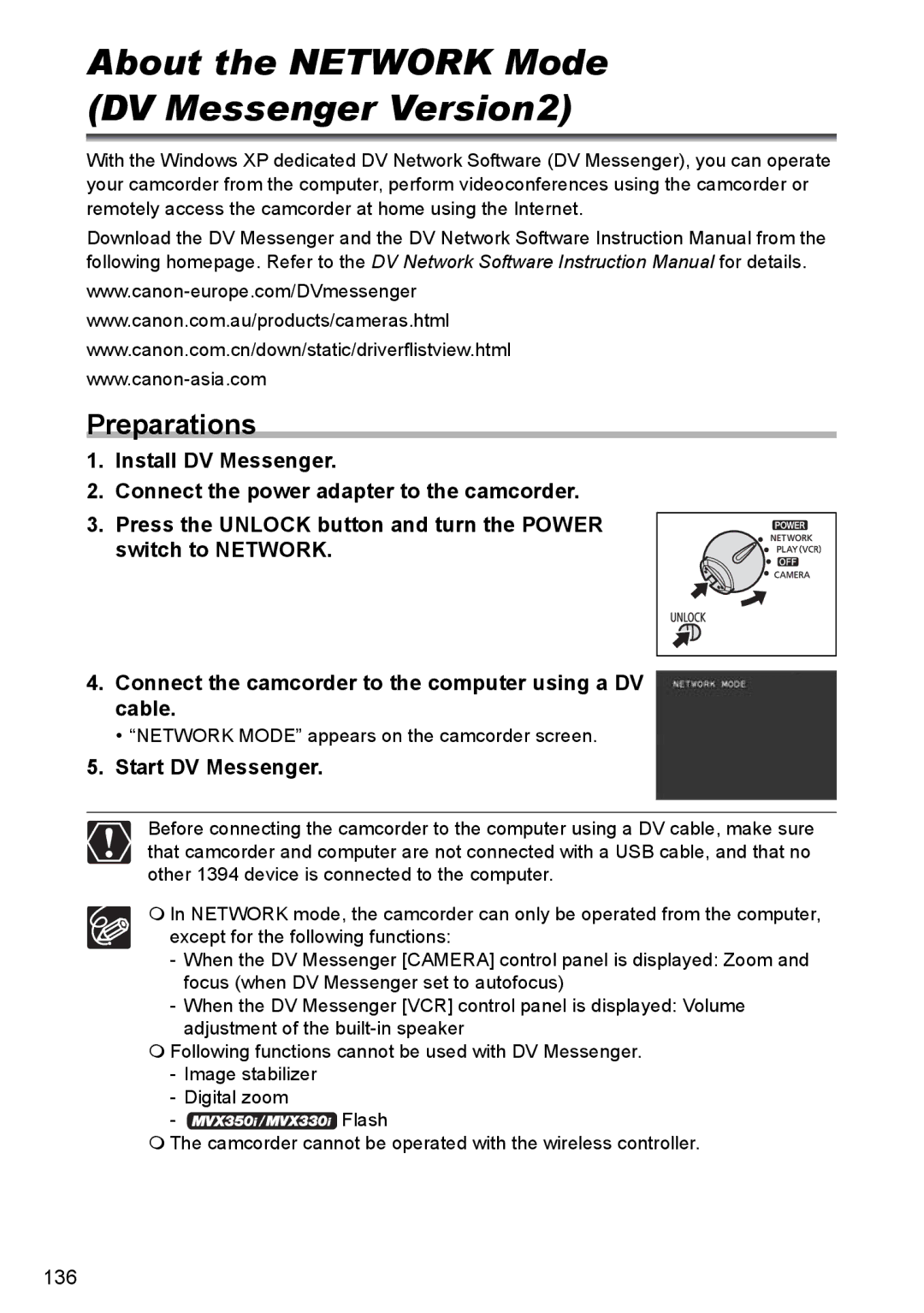 Canon MVX350i, MVX300, MVX330i instruction manual About the Network Mode DV Messenger Version2, Start DV Messenger 