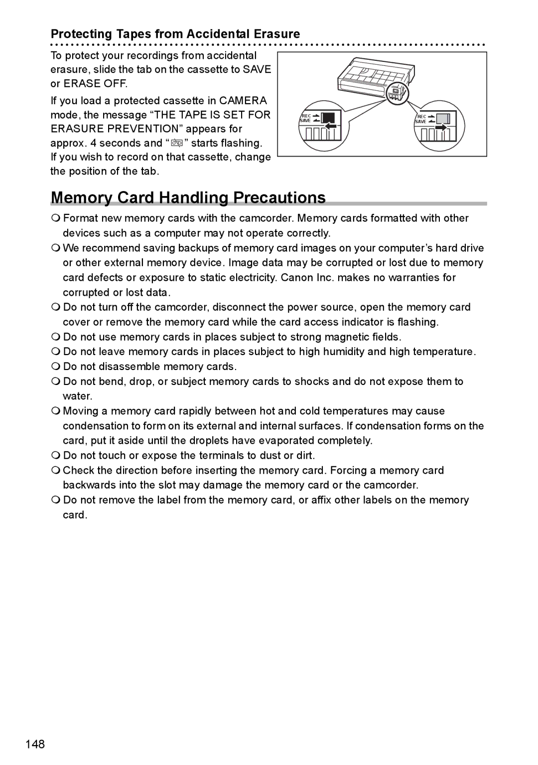 Canon MVX350i, MVX300, MVX330i instruction manual Memory Card Handling Precautions, Protecting Tapes from Accidental Erasure 