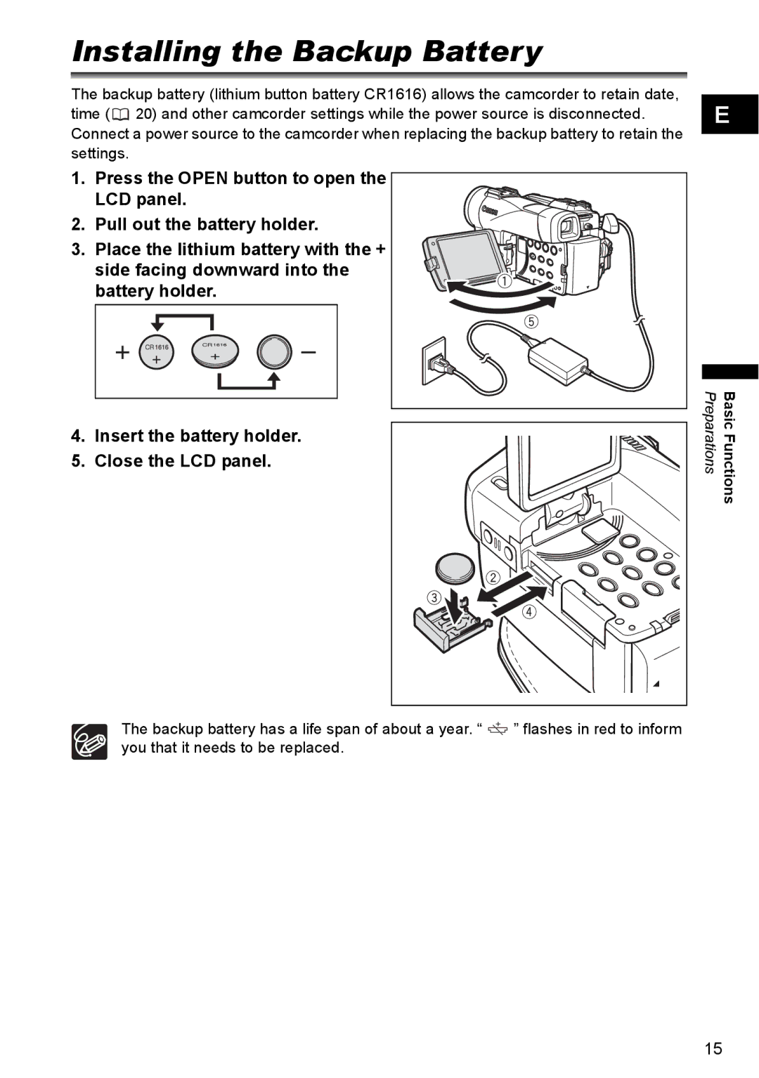 Canon MVX300, MVX350i, MVX330i instruction manual Installing the Backup Battery 