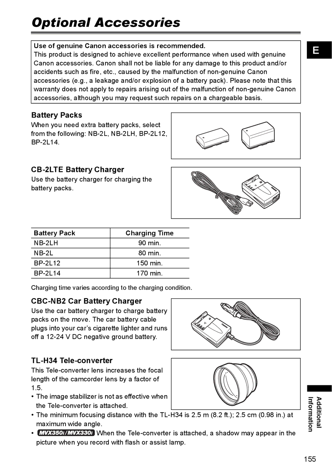 Canon MVX330i, MVX300, MVX350i Optional Accessories, Battery Packs, CB-2LTE Battery Charger, CBC-NB2 Car Battery Charger 