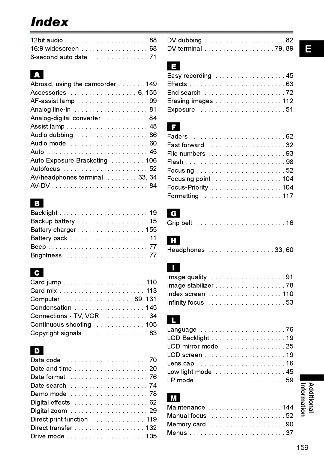 Canon MVX300, MVX350i, MVX330i instruction manual Index, Grip belt Headphones 