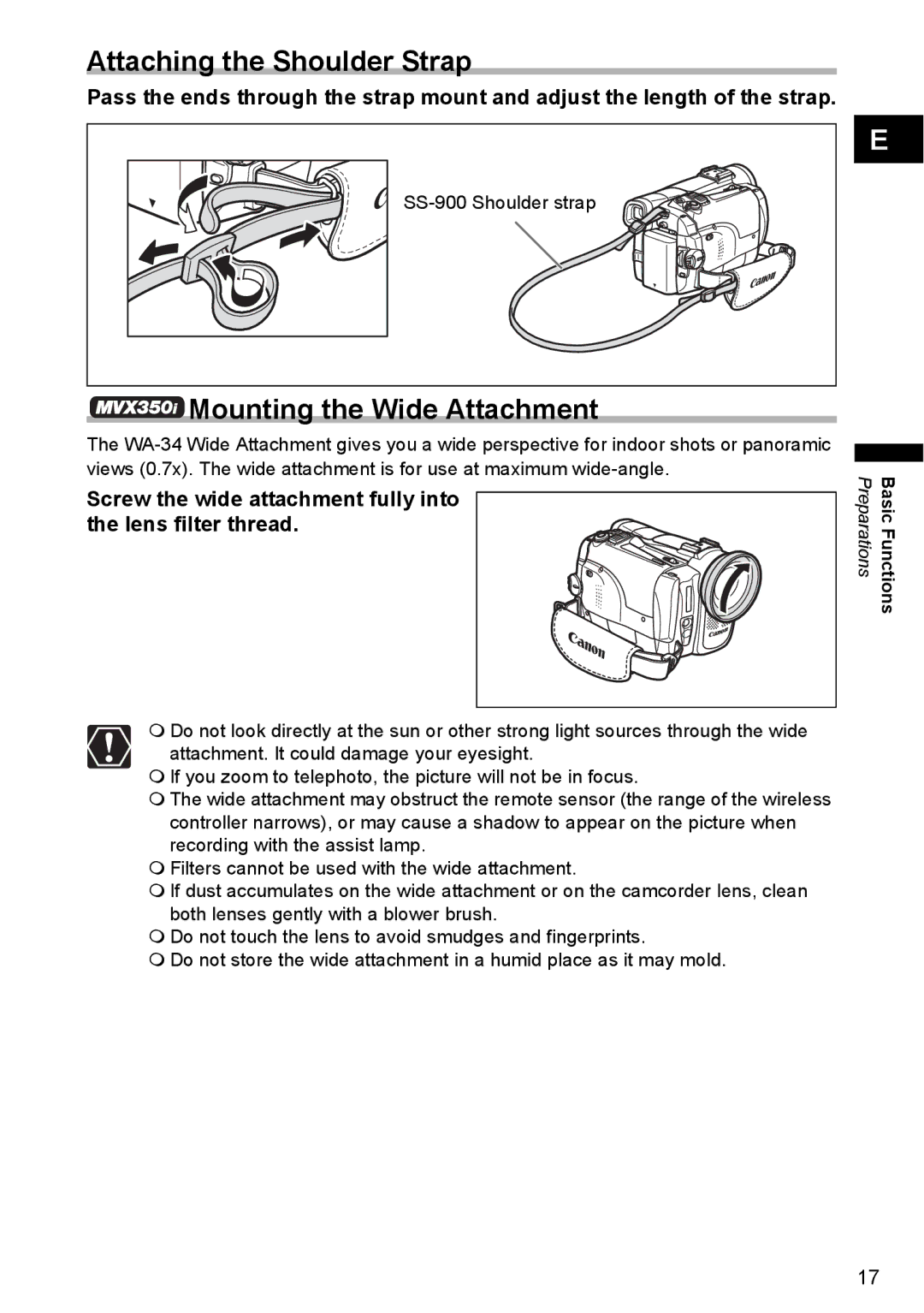 Canon MVX330i, MVX300, MVX350i Attaching the Shoulder Strap, Mounting the Wide Attachment, SS-900 Shoulder strap 