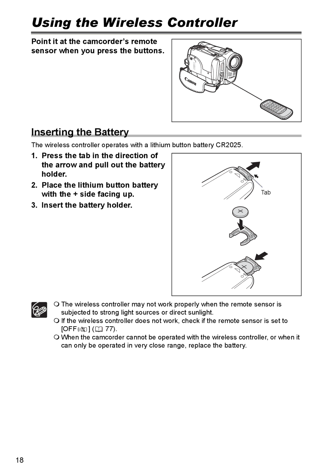 Canon MVX300, MVX350i, MVX330i instruction manual Using the Wireless Controller, Inserting the Battery 