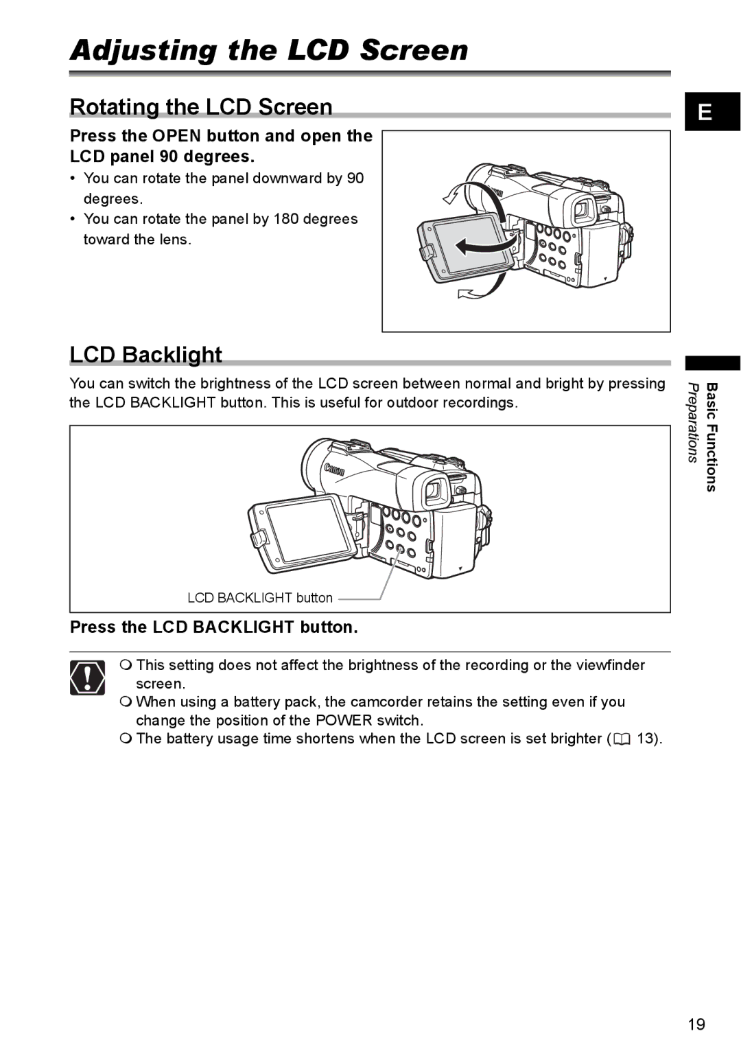 Canon MVX350i, MVX300, MVX330i Adjusting the LCD Screen, Rotating the LCD Screen, Press the LCD Backlight button 