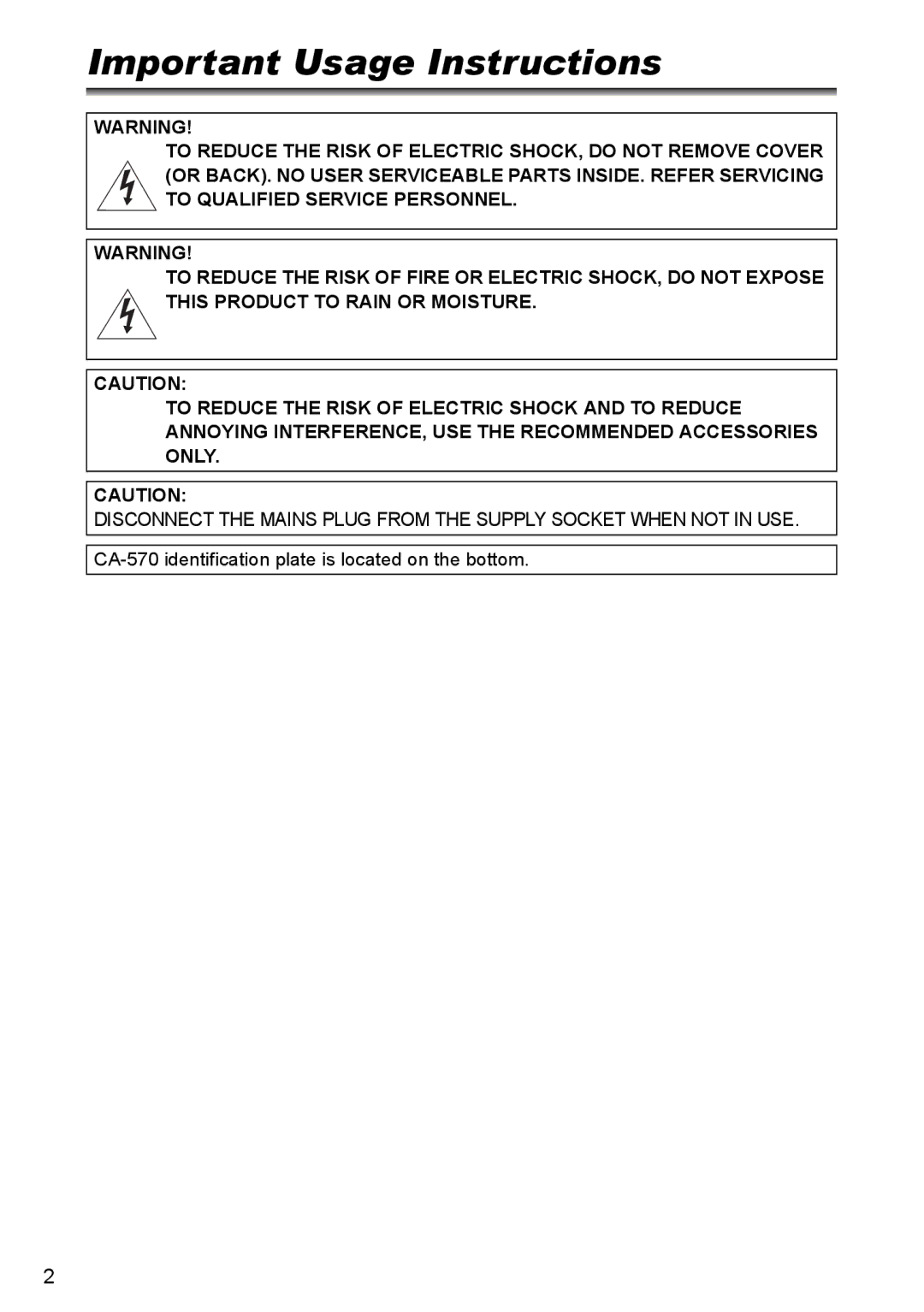 Canon MVX330i, MVX300, MVX350i Important Usage Instructions, CA-570 identification plate is located on the bottom 