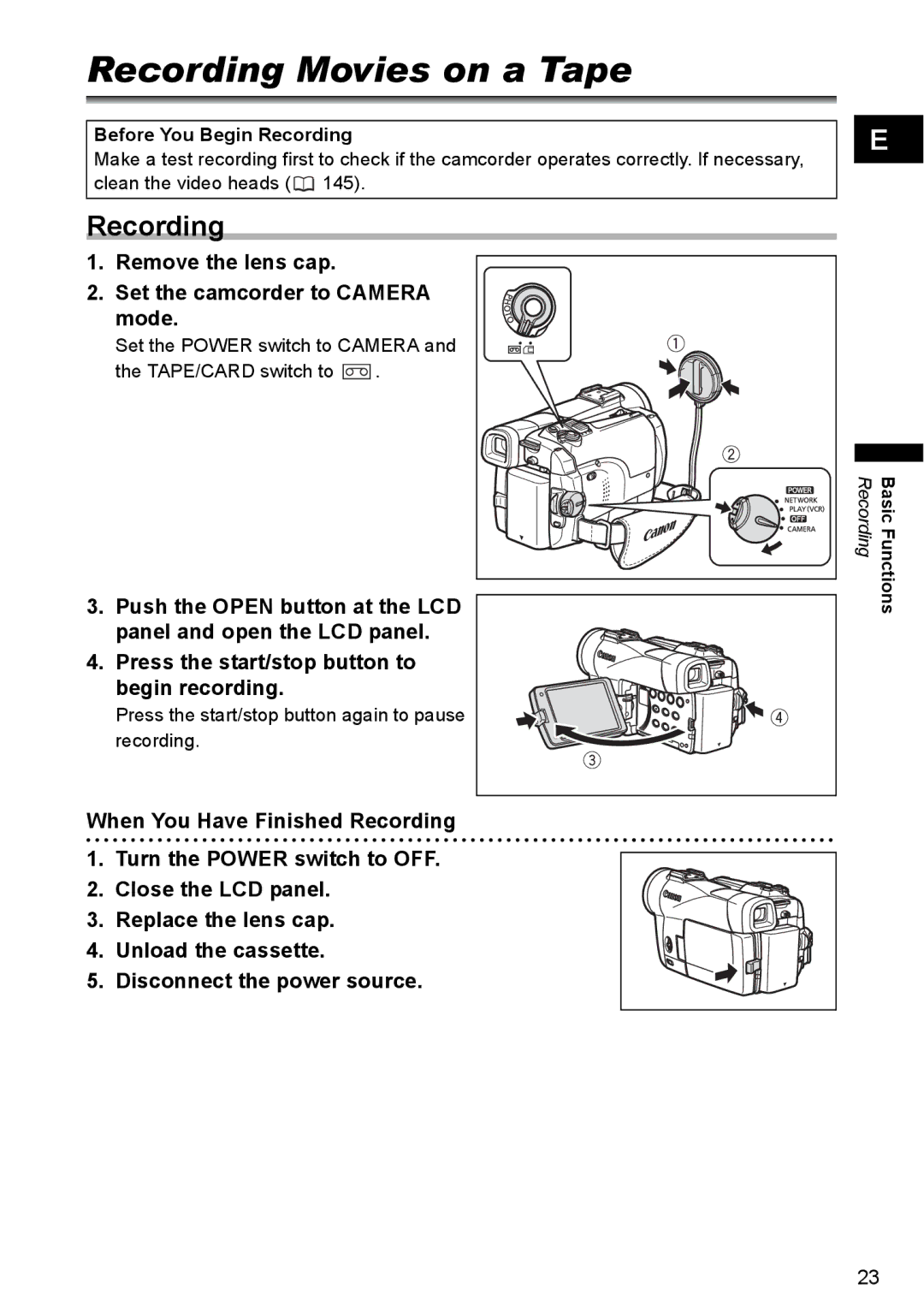 Canon MVX330i Recording Movies on a Tape, Remove the lens cap Set the camcorder to Camera mode, Before You Begin Recording 