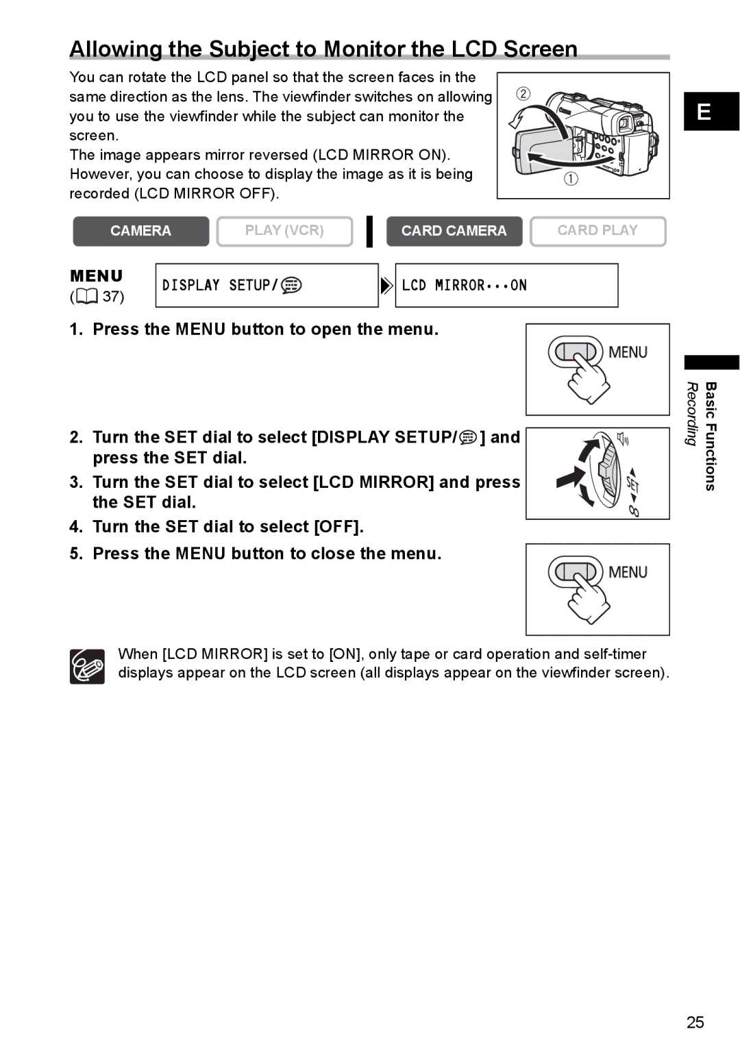 Canon MVX350i, MVX300, MVX330i instruction manual Allowing the Subject to Monitor the LCD Screen, Menu Display Setup 