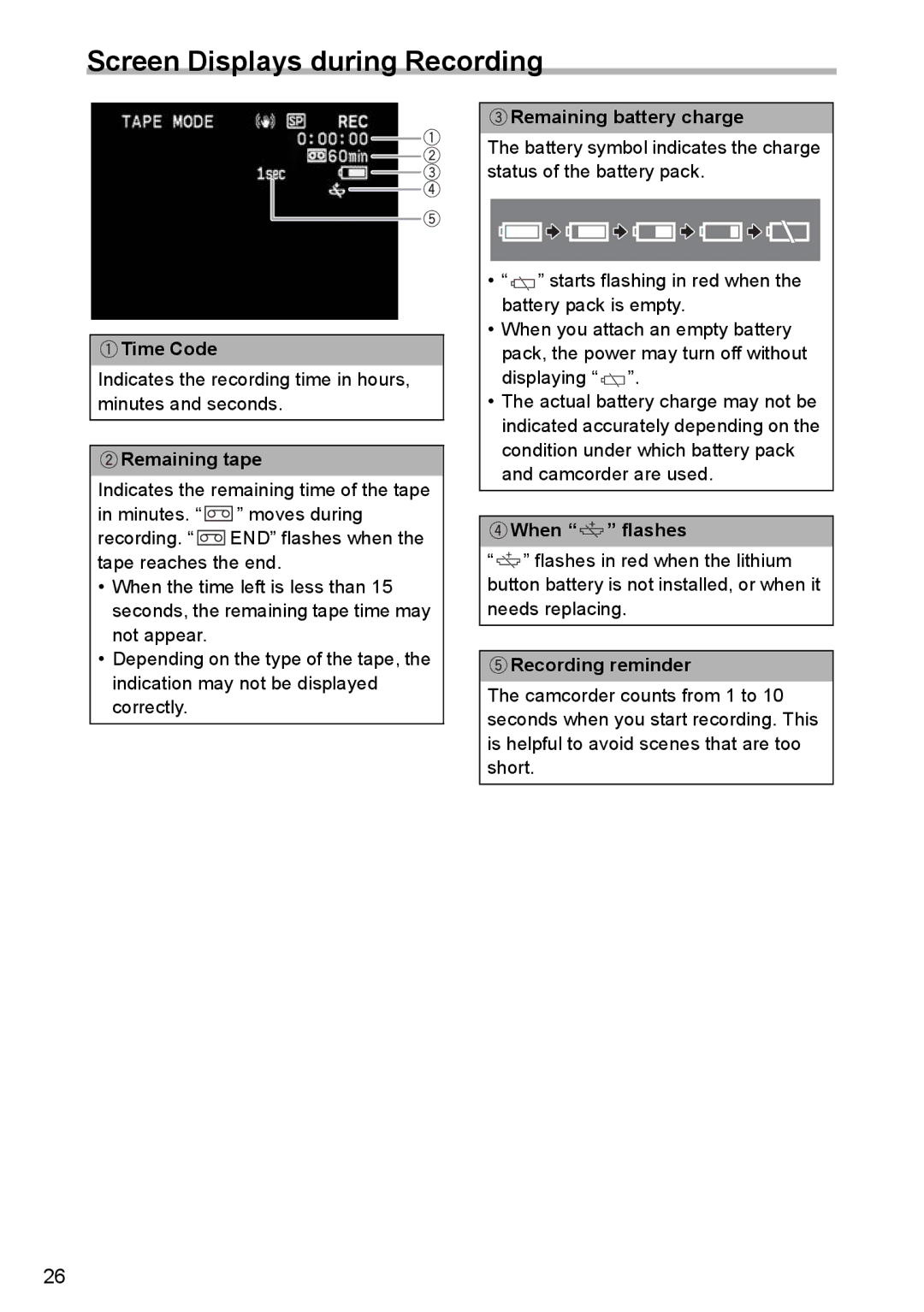 Canon MVX330i, MVX300, MVX350i instruction manual Screen Displays during Recording 