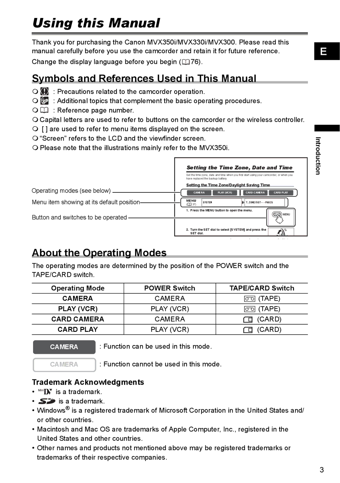 Canon MVX300, MVX350i, MVX330i Using this Manual, Symbols and References Used in This Manual, About the Operating Modes 