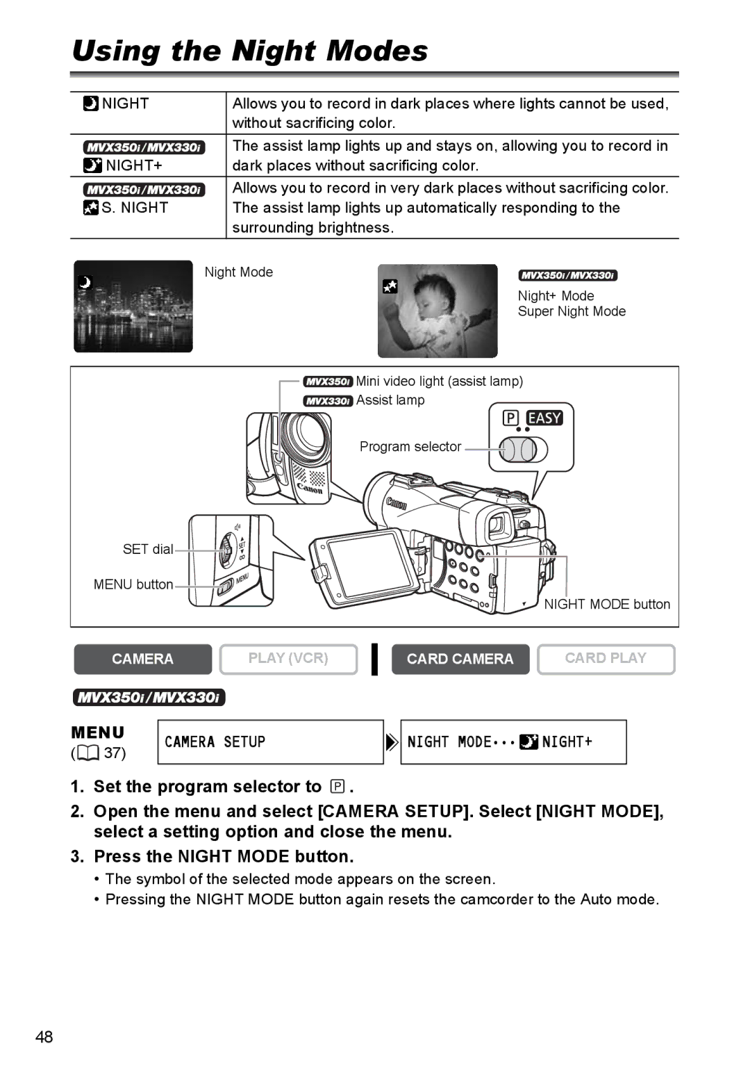 Canon MVX300, MVX350i, MVX330i instruction manual Using the Night Modes, Menu, Set the program selector to, Night Mode NIGHT+ 