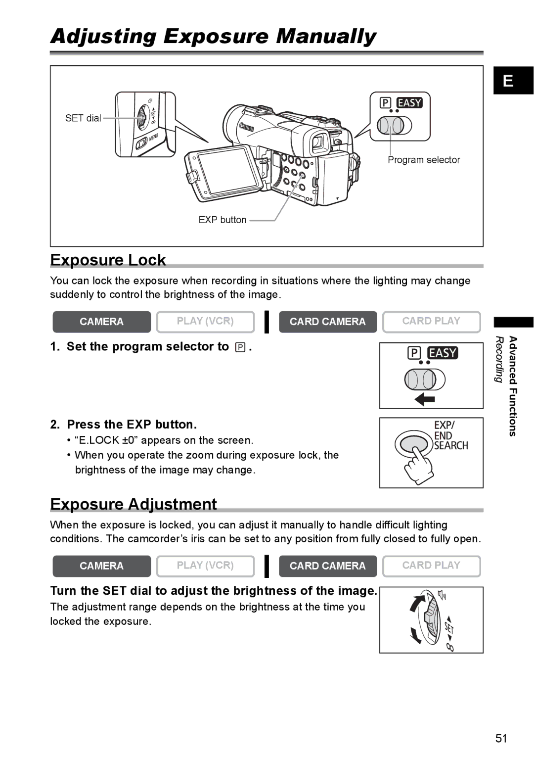 Canon MVX300, MVX350i, MVX330i instruction manual Adjusting Exposure Manually, Exposure Lock, Exposure Adjustment 