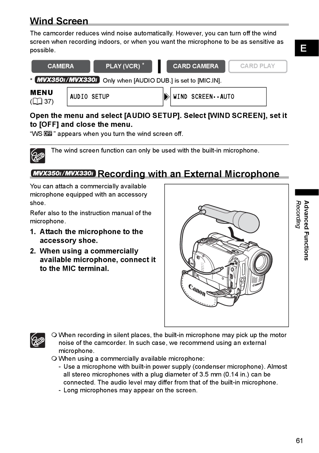 Canon MVX350i, MVX300, MVX330i instruction manual Recording with an External Microphone, Menu Audio Setup Wind Screenauto 