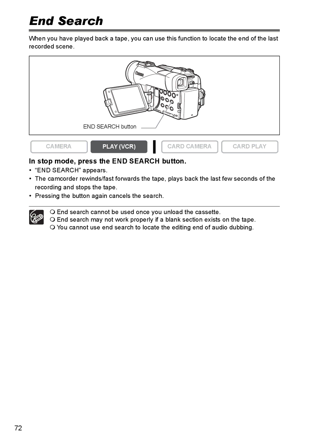 Canon MVX300, MVX350i, MVX330i instruction manual End Search, Stop mode, press the END Search button 