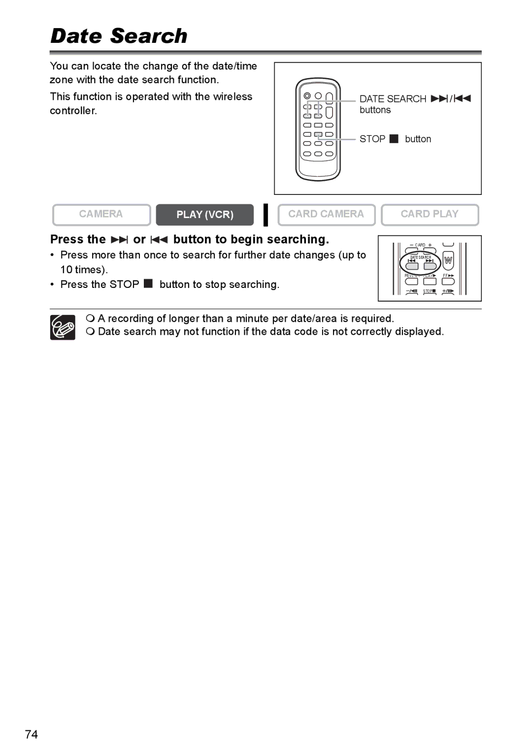 Canon MVX330i, MVX300, MVX350i instruction manual Date Search, Press the or button to begin searching 