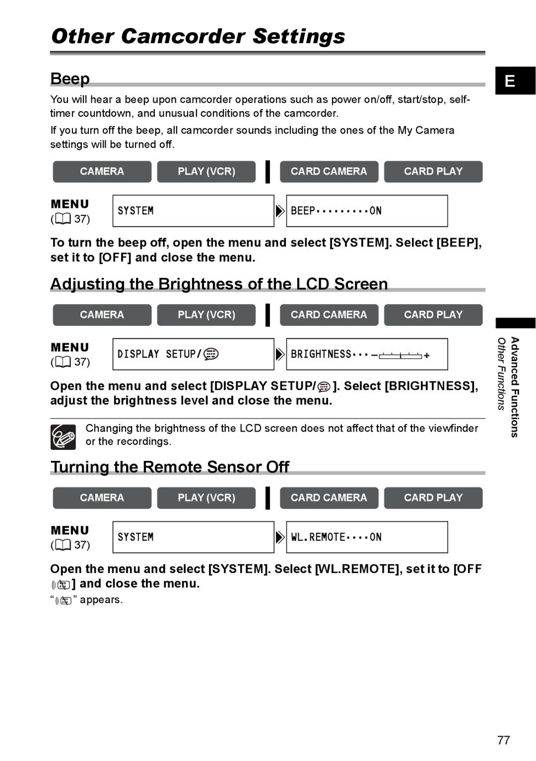 Canon MVX330i Other Camcorder Settings, Beep, Adjusting the Brightness of the LCD Screen, Turning the Remote Sensor Off 