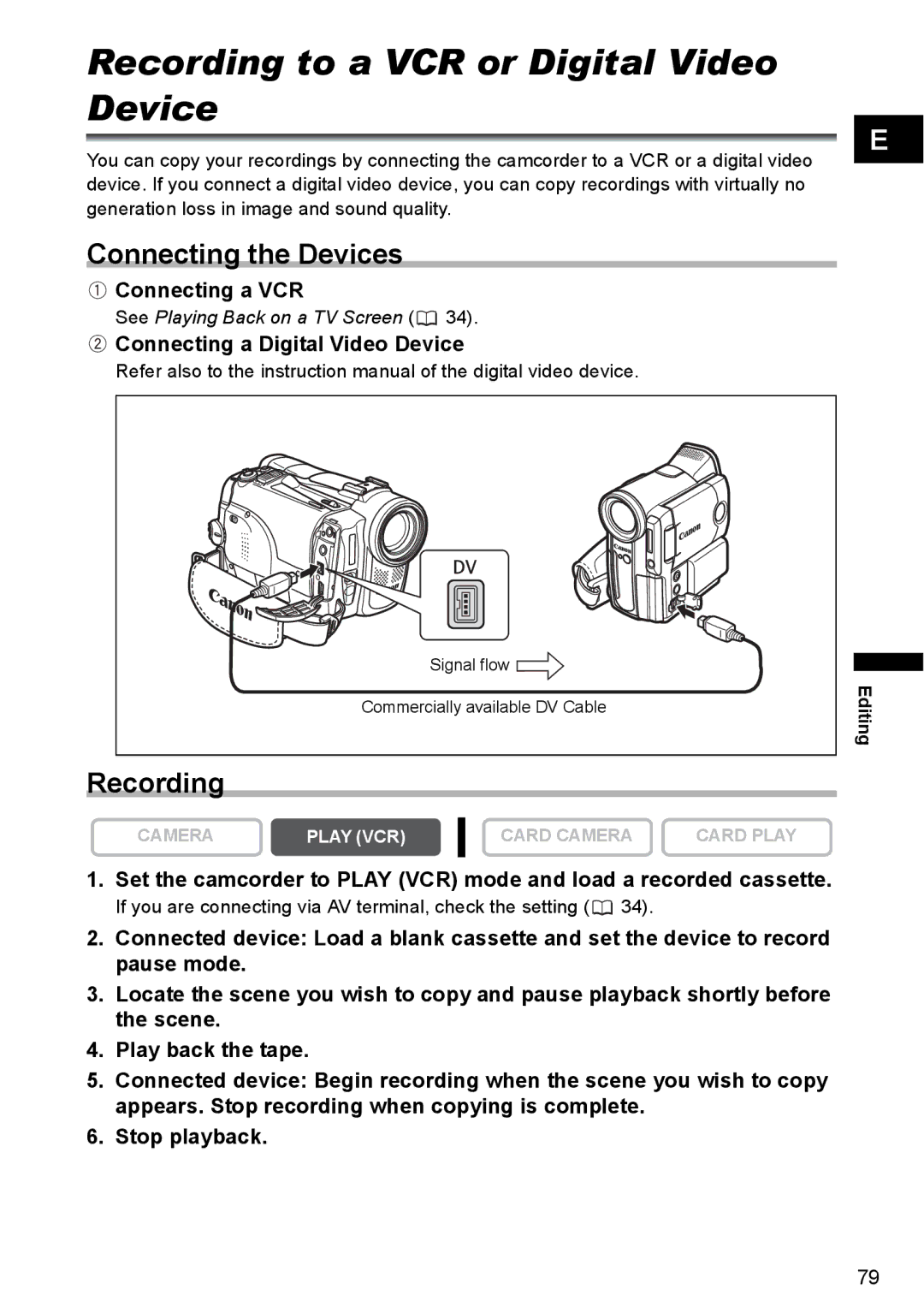 Canon MVX350i, MVX300, MVX330i Recording to a VCR or Digital Video Device, Connecting the Devices, Connecting a VCR 