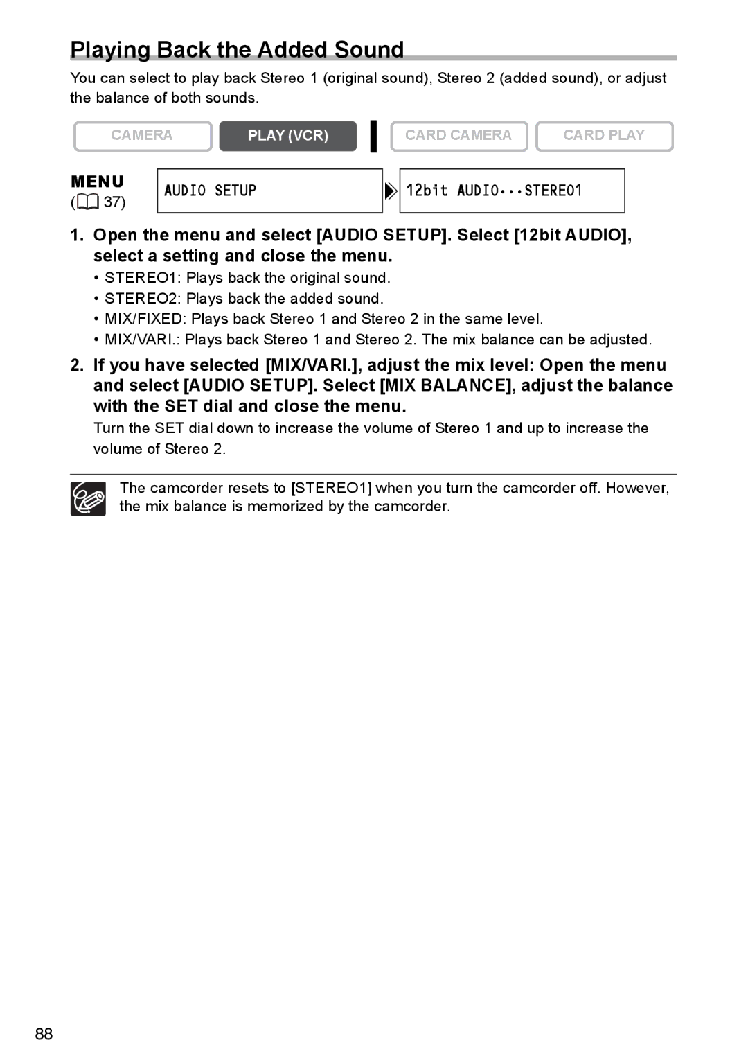 Canon MVX350i, MVX300, MVX330i instruction manual Playing Back the Added Sound, Menu Audio Setup 