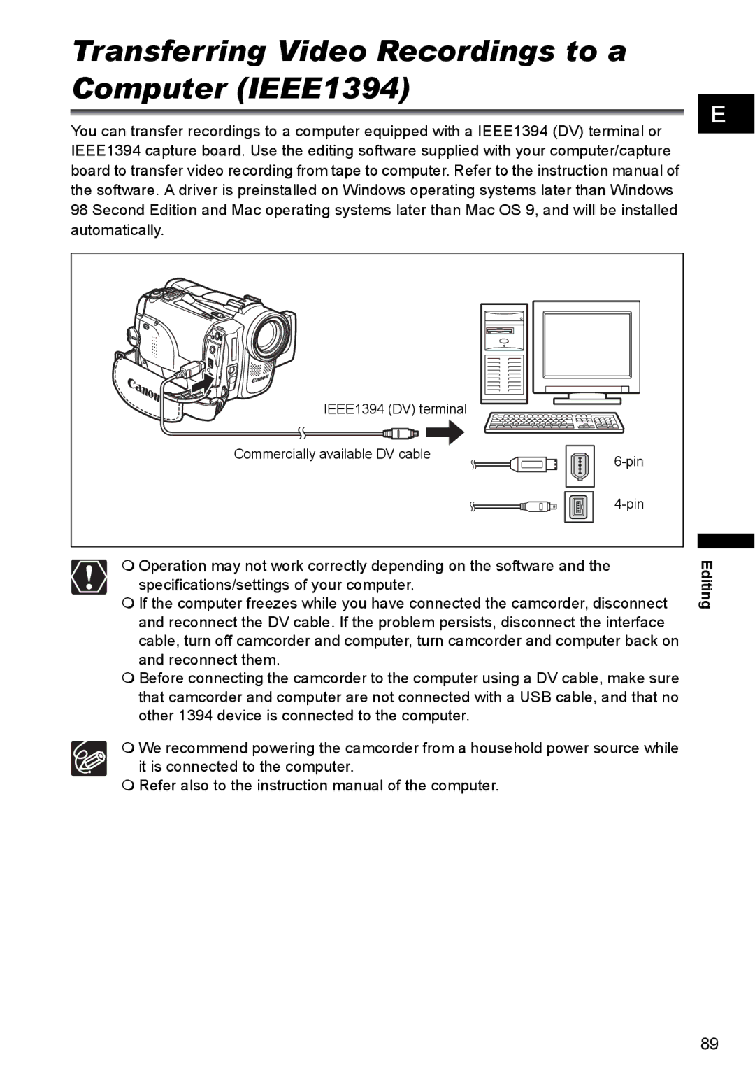 Canon MVX330i, MVX300, MVX350i instruction manual Transferring Video Recordings to a Computer IEEE1394 