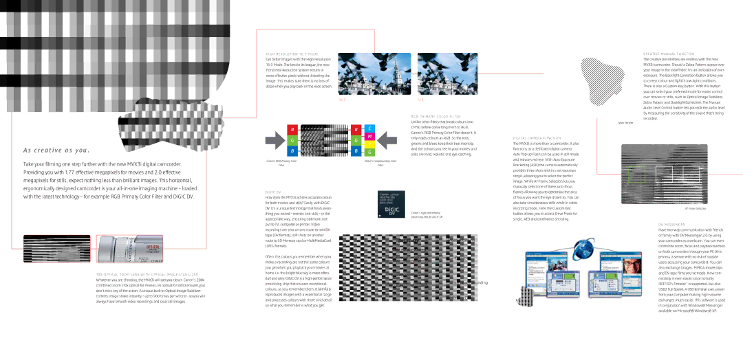 Canon MVX3i specifications G I C Dv, B P R I M a RY C O L O R F I LT E R, G I TA L C a M E R a F U N C T I O N 