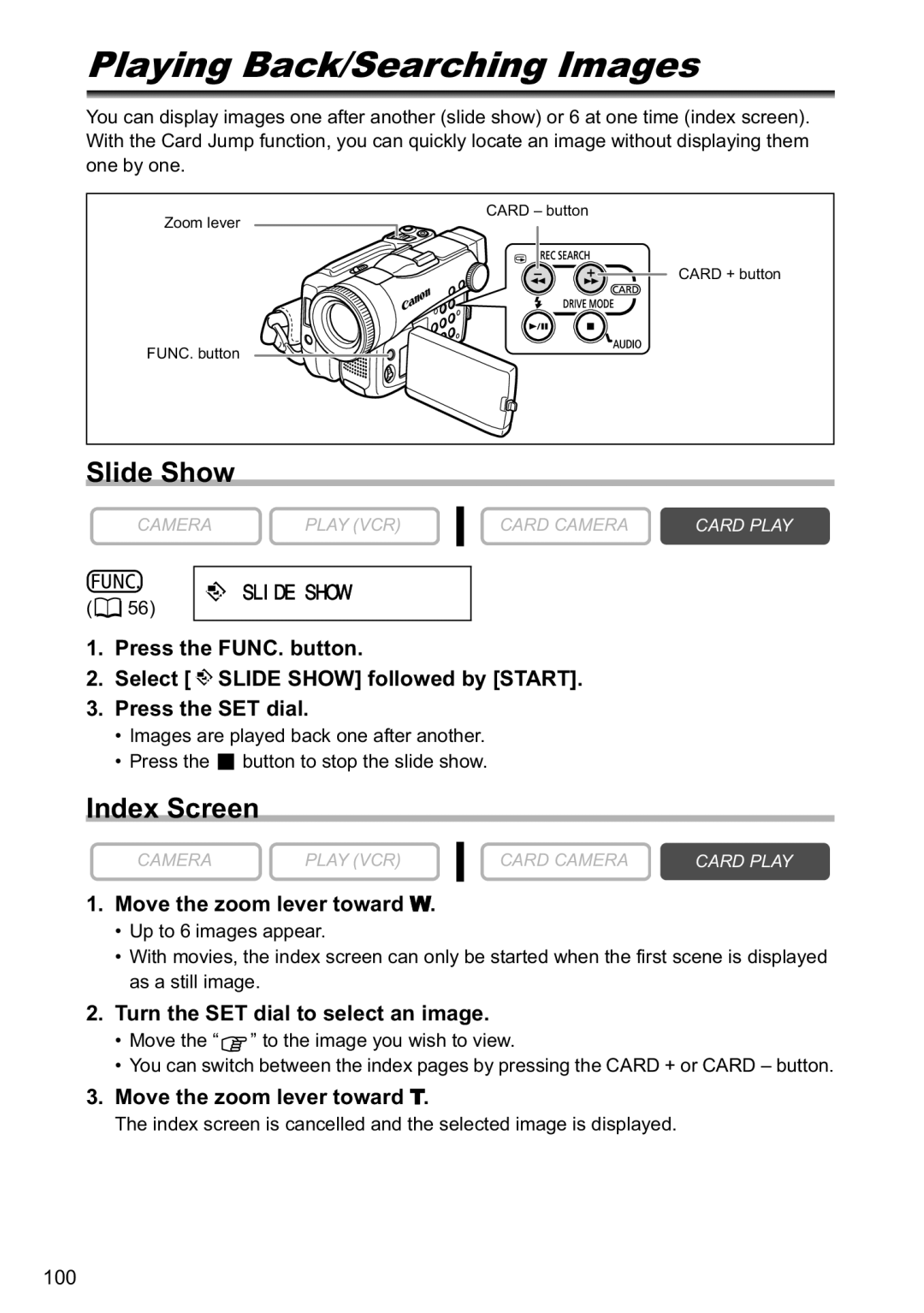 Canon MVX40i, MVX-45i manual Playing Back/Searching Images, Slide Show, Index Screen 