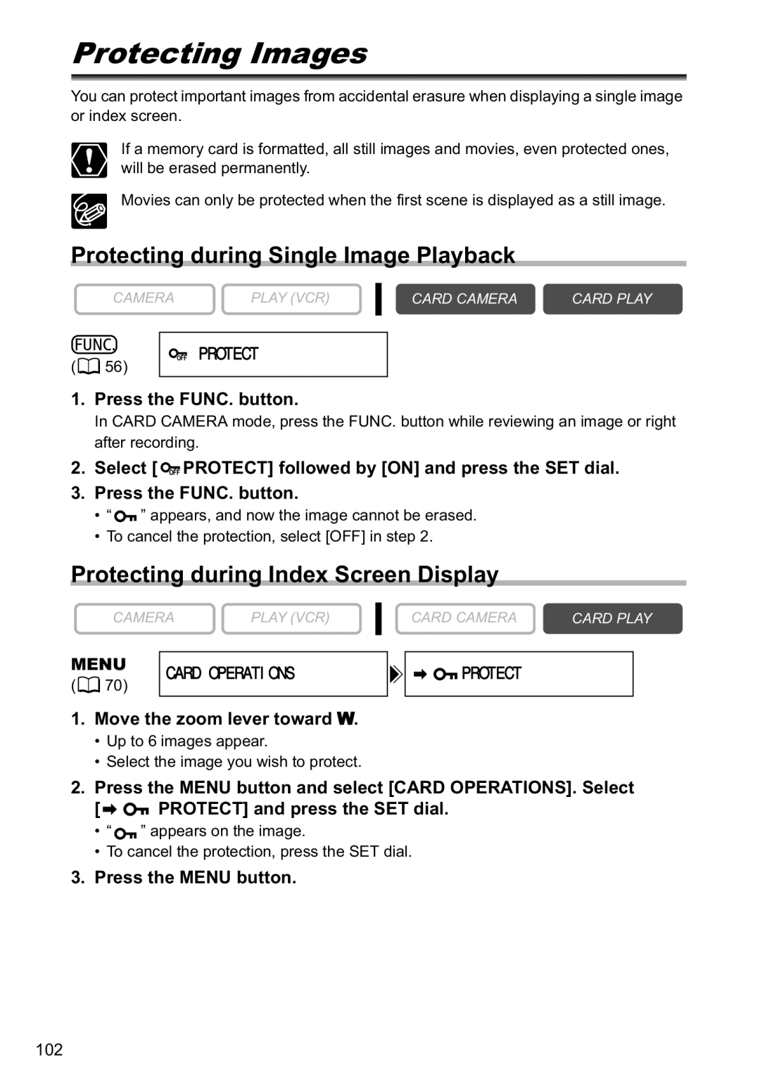 Canon MVX40i Protecting Images, Protecting during Single Image Playback, Protecting during Index Screen Display, Menu 