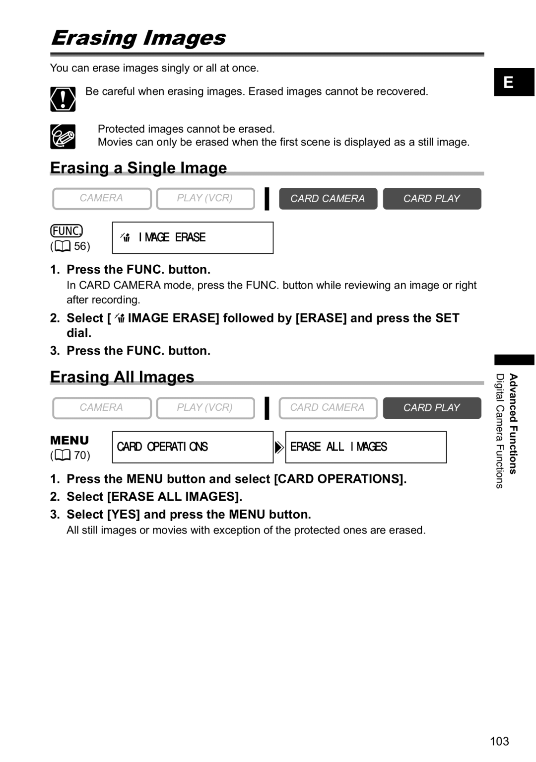 Canon MVX-45i, MVX40i manual Erasing Images, Erasing a Single Image, Erasing All Images 