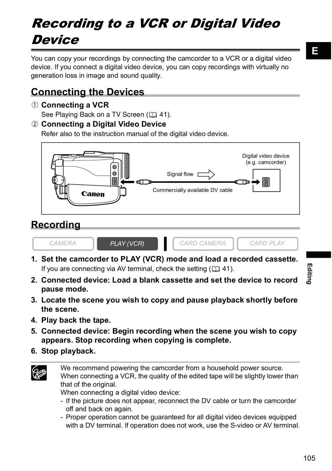 Canon MVX-45i, MVX40i manual RecordingEditingto a VCR or Digital Video Device, Connecting the Devices, Connecting a VCR 