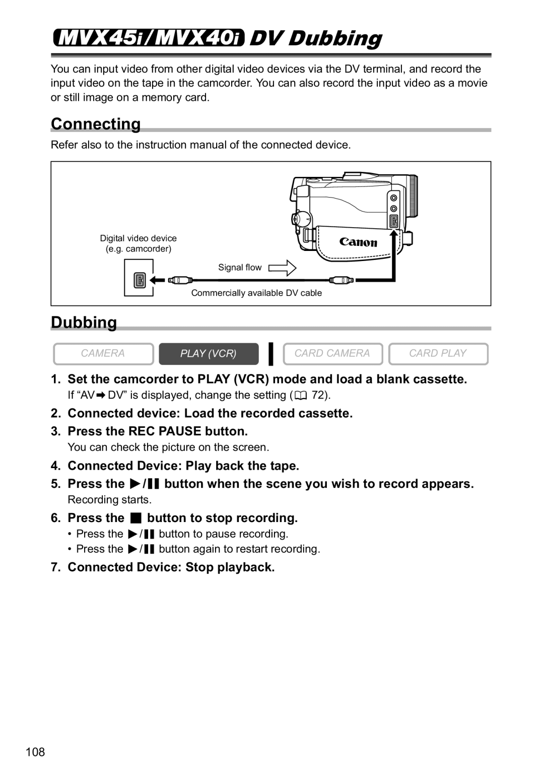 Canon MVX40i, MVX-45i manual DV Dubbing, If AV DV is displayed, change the setting, You can check the picture on the screen 