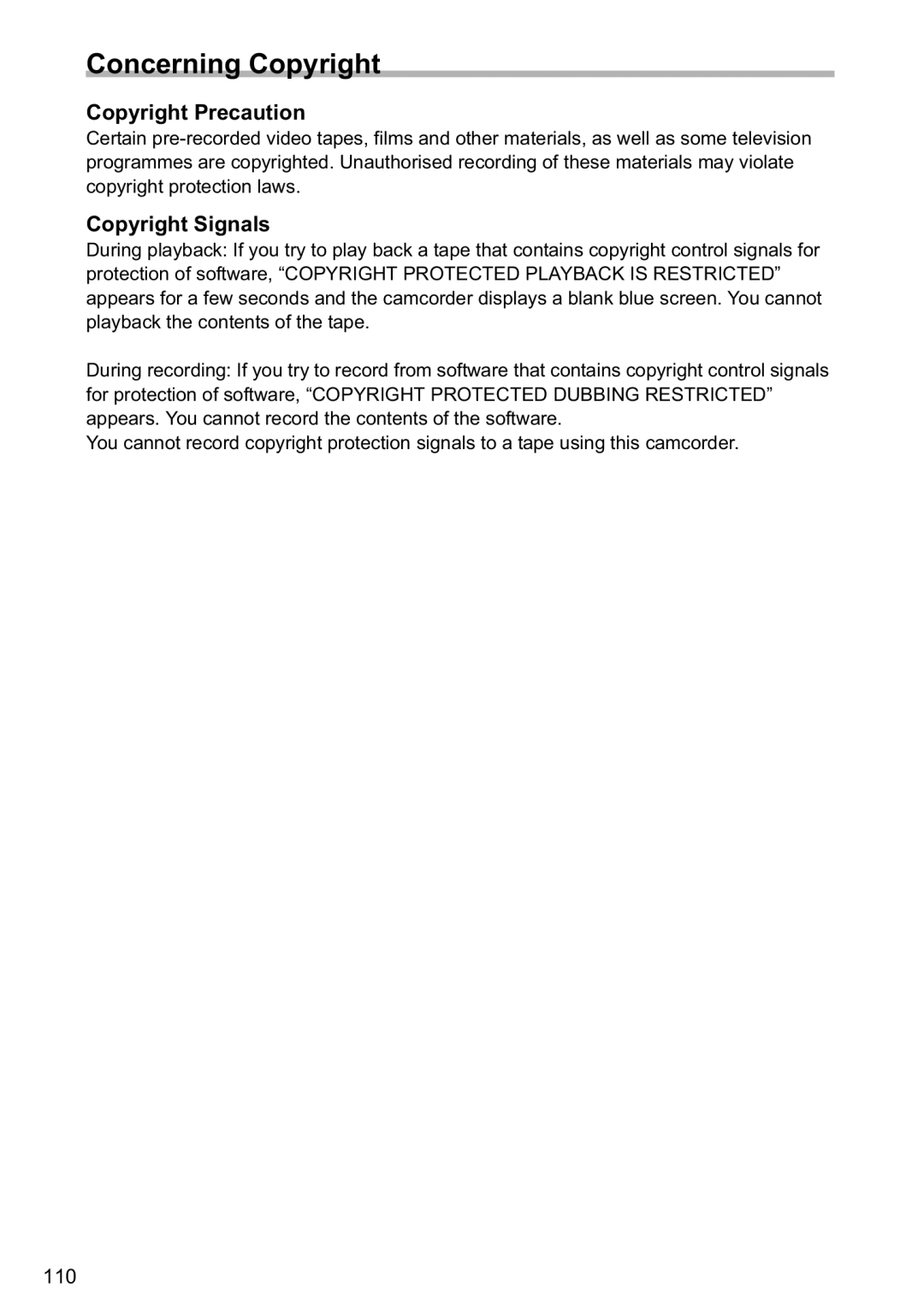 Canon MVX40i, MVX-45i manual Concerning Copyright, Copyright Precaution, Copyright Signals 