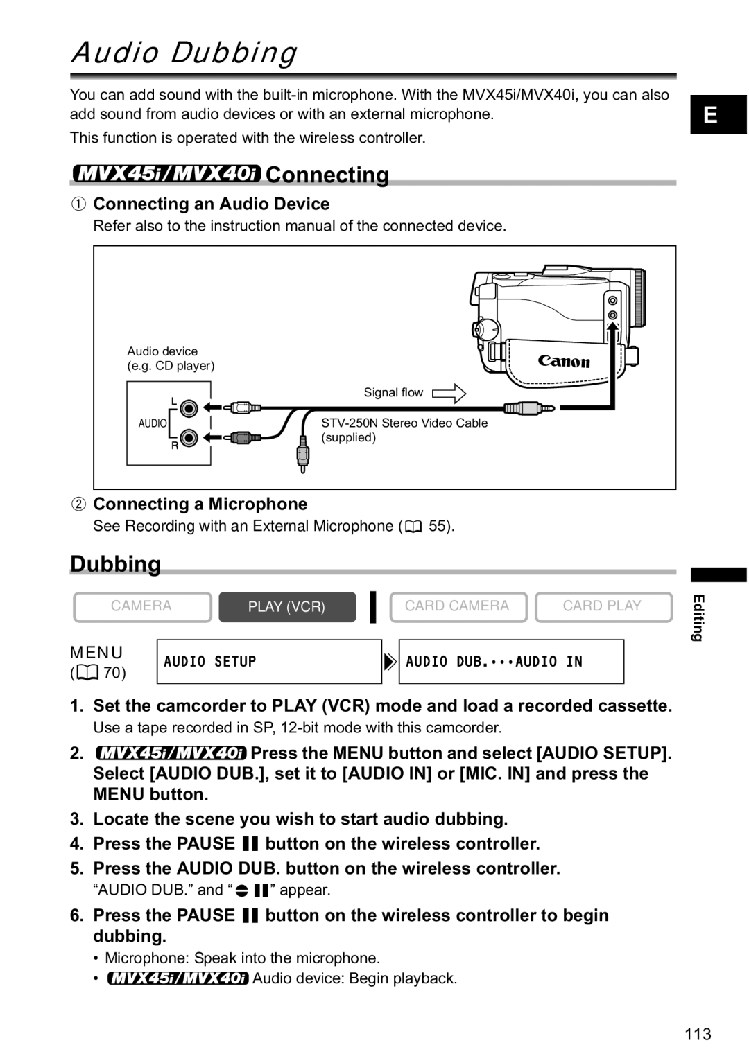 Canon MVX-45i, MVX40i manual Audio Dubbing, Connecting an Audio Device, Connecting a Microphone, Audio DUB. and appear 