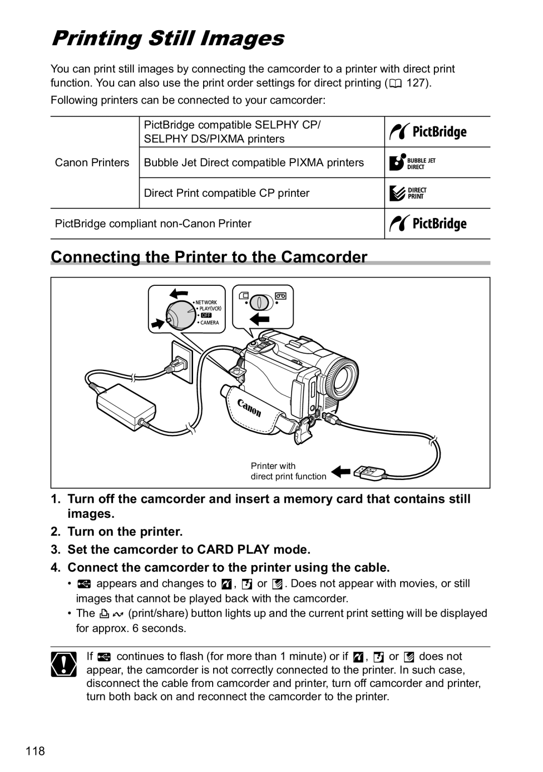 Canon MVX40i, MVX-45i Printing Still Images, Connecting the Printer to the Camcorder, Direct Print compatible CP printer 