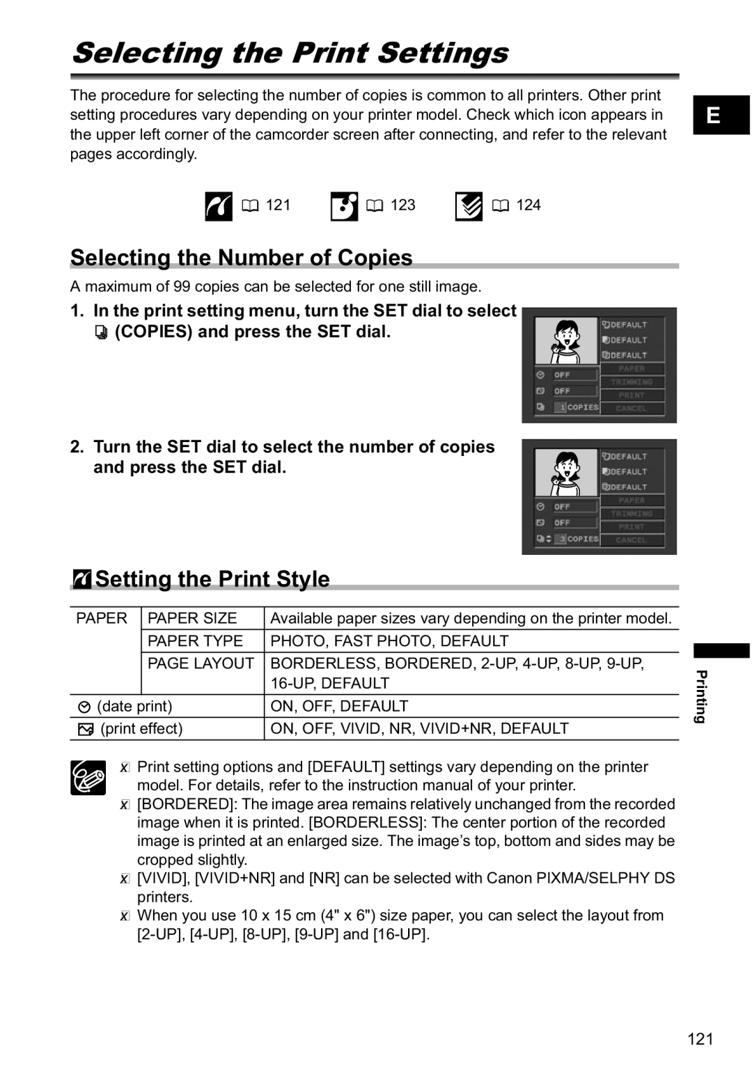 Canon MVX-45i, MVX40i manual Selecting the Print Settings, Selecting the Number of Copies, Setting the Print Style 