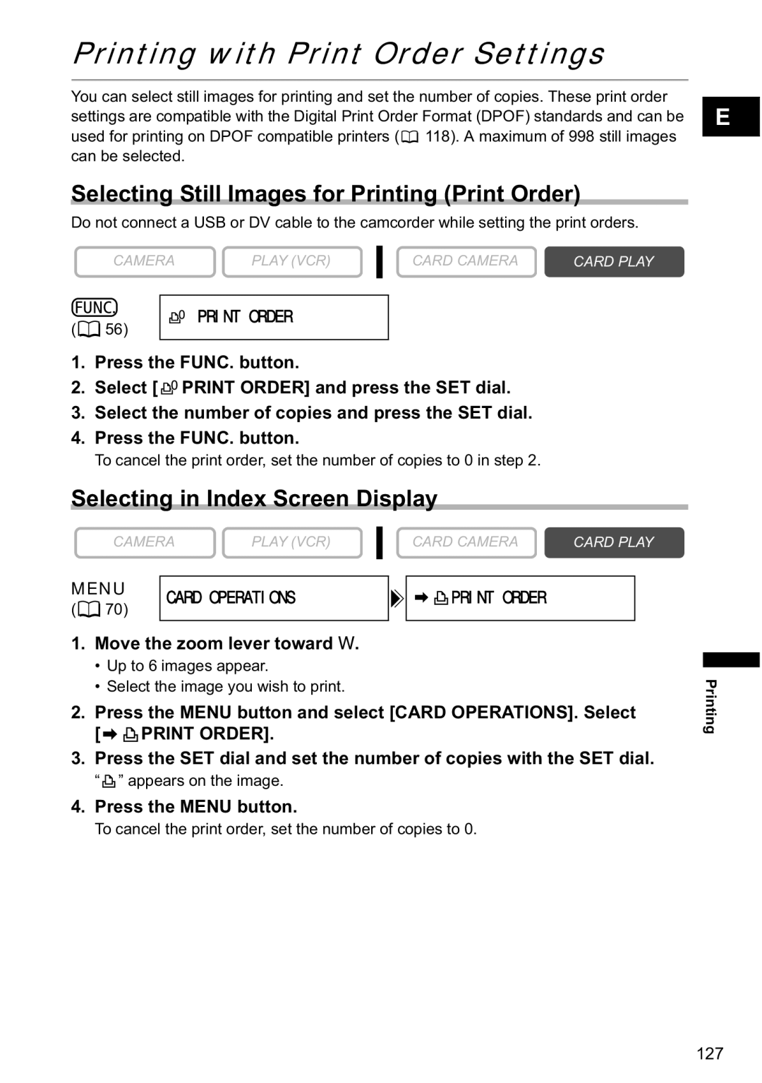 Canon MVX-45i, MVX40i manual Printing with Print Order Settings, Selecting Still Images for Printing Print Order 