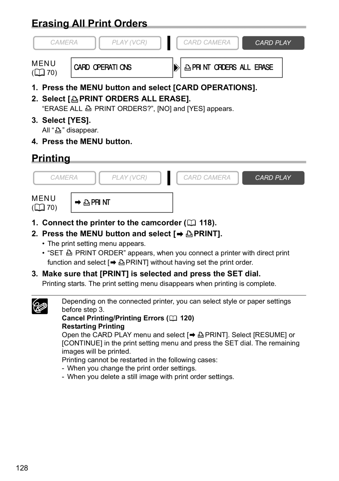 Canon MVX40i, MVX-45i manual Erasing All Print Orders, Printing, Menu Card Operations Print Orders ALL Erase, Menu Print 