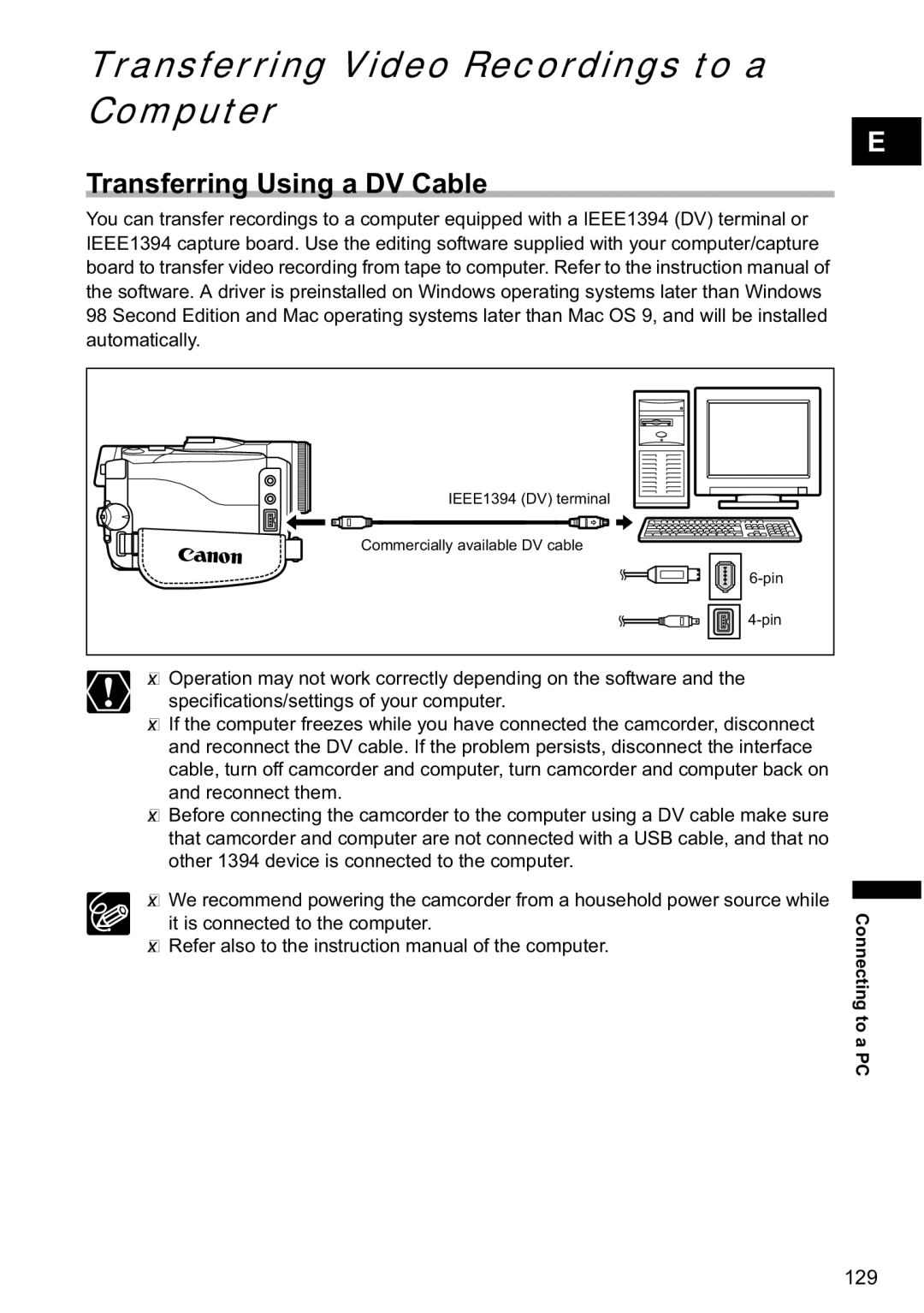 Canon MVX-45i, MVX40i manual TransferringConnecting to a PCVideo Recordings to a Computer, Transferring Using a DV Cable 